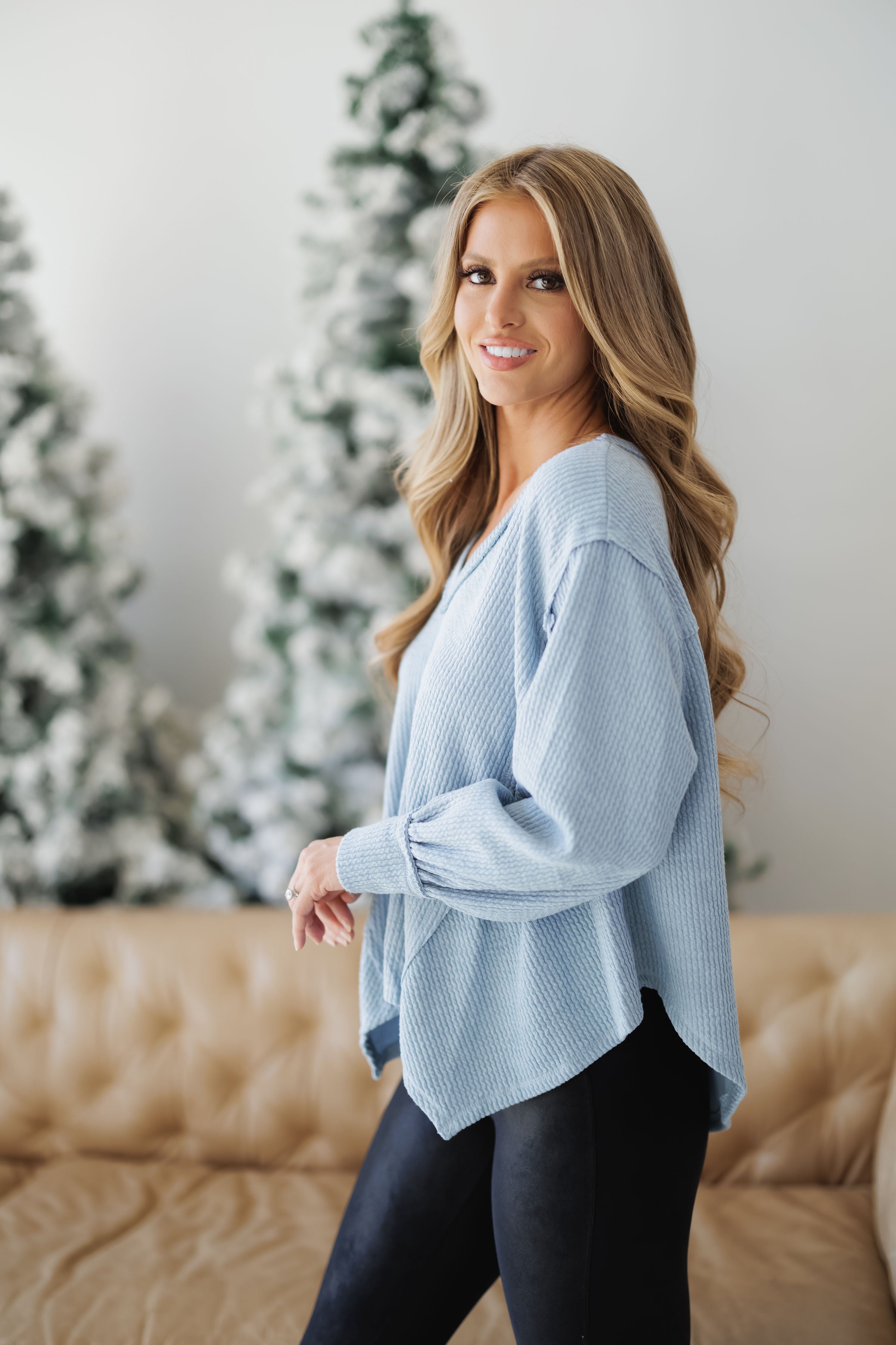 Lacey Ribbed V-Neck Top-Dusty Blue