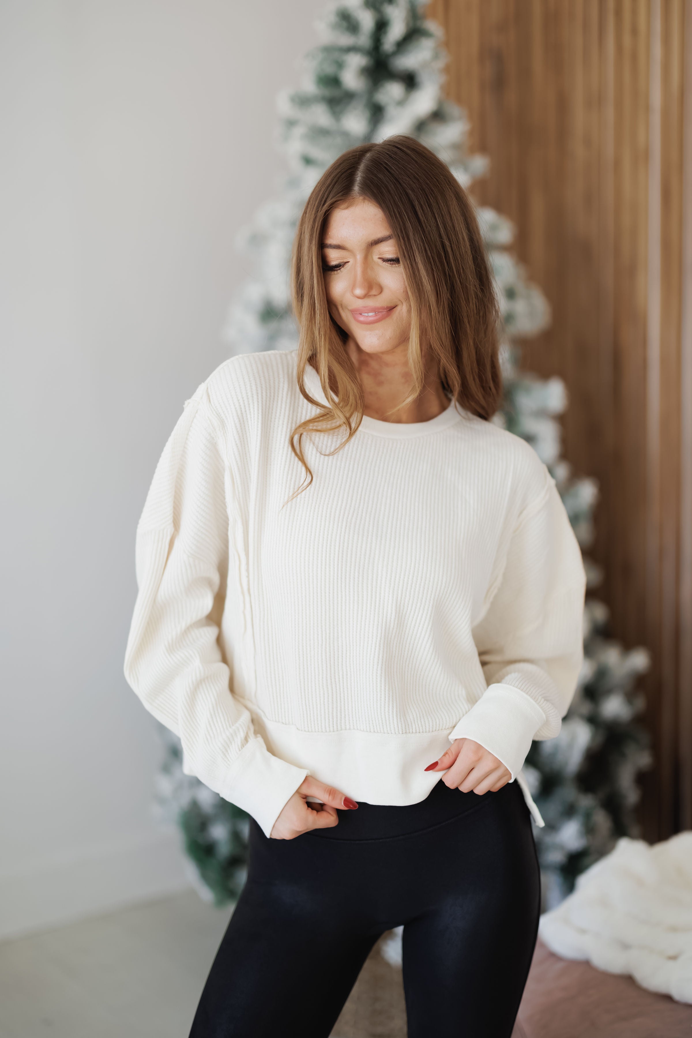 Jessie Waffle Knit Top-Cream