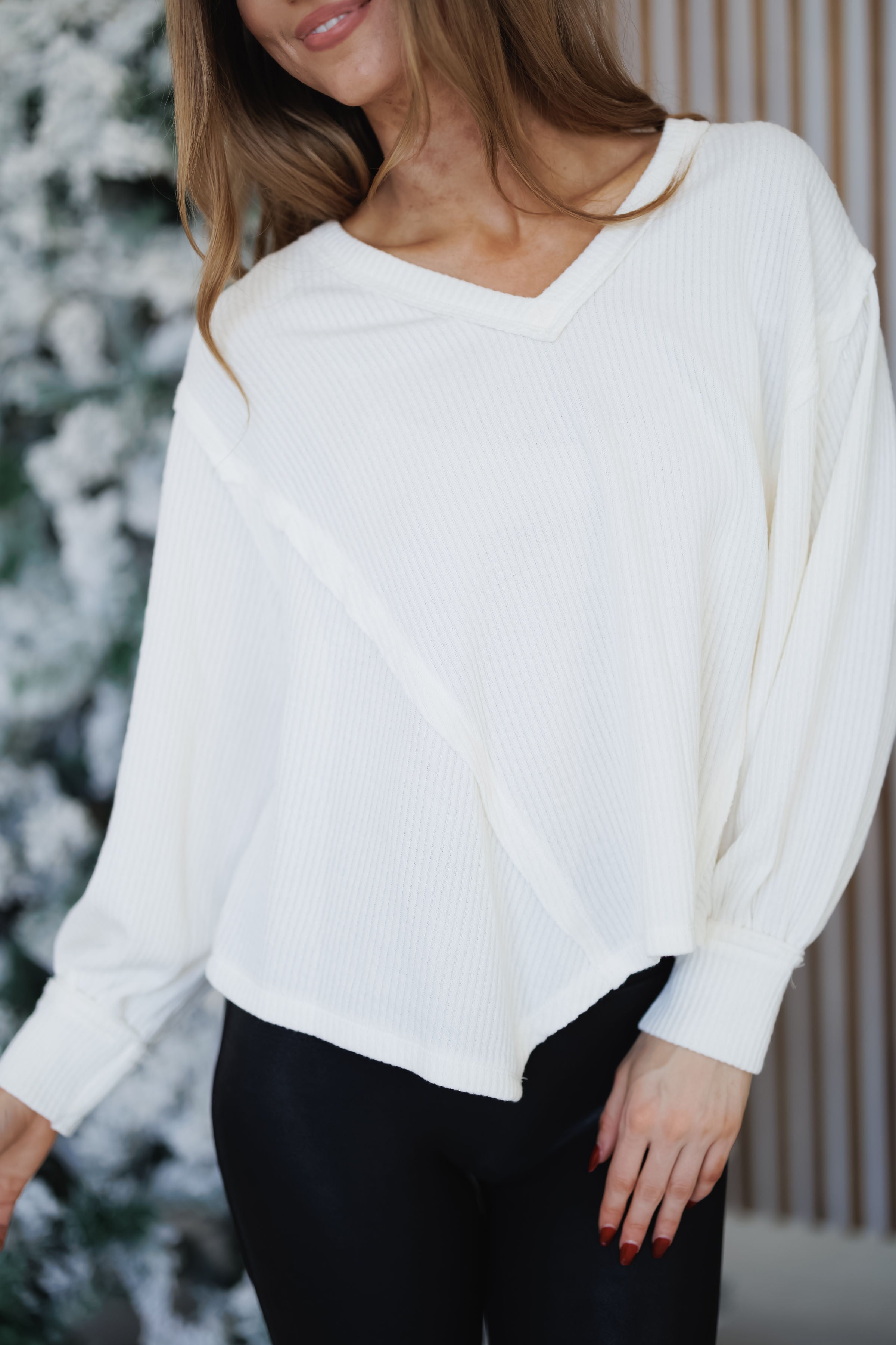 Lacey Ribbed V-Neck Top-Cream