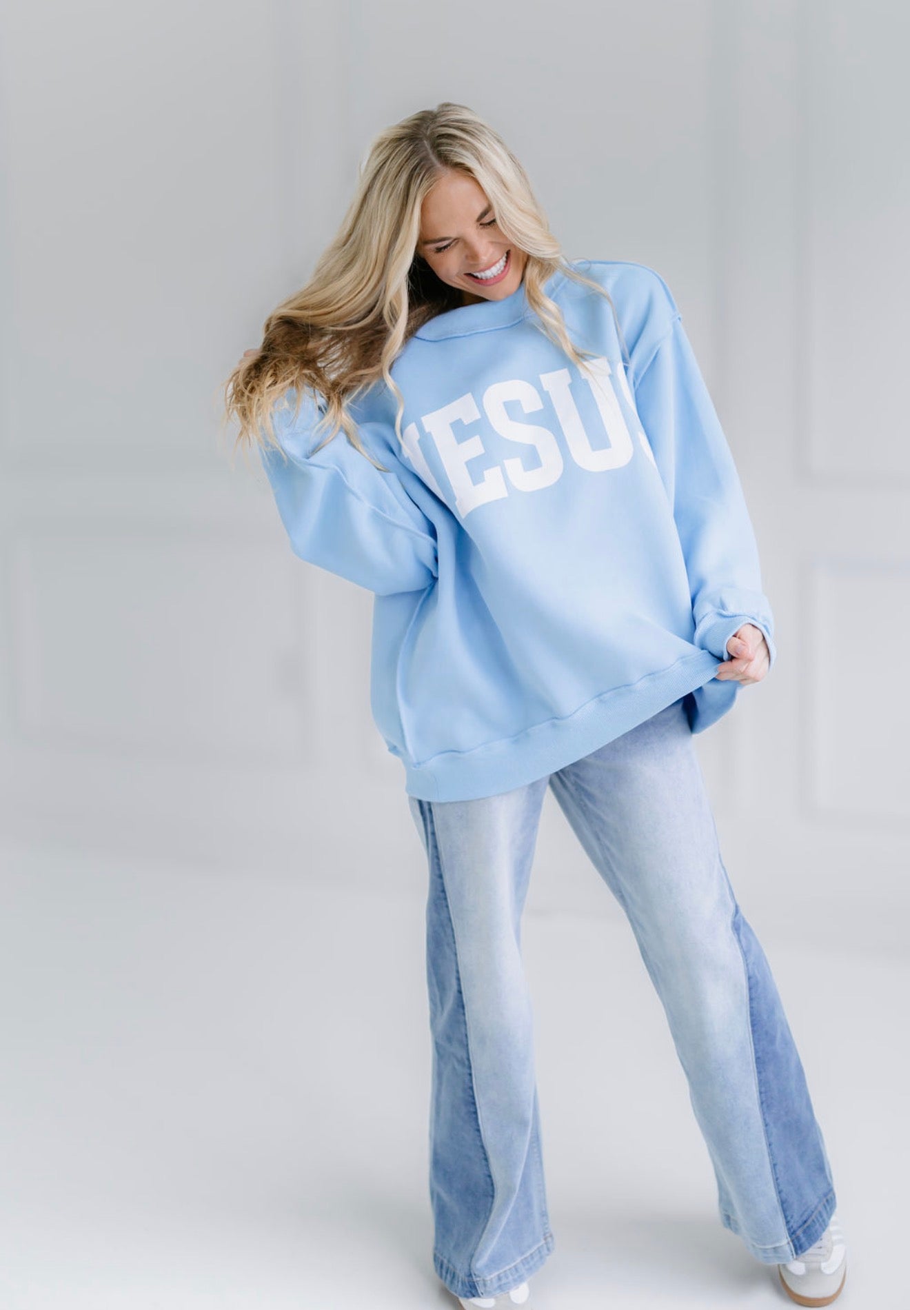 Jesus/God Is Good Reversible Sweatshirt-Sky Blue