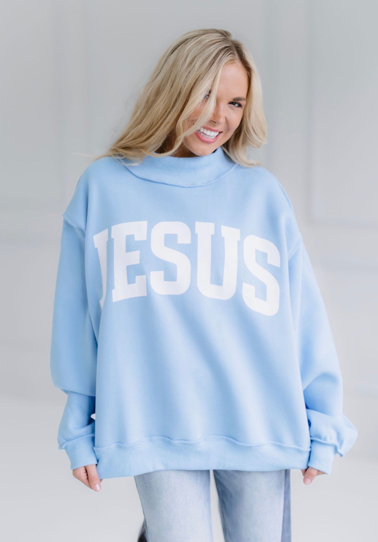 Jesus/God Is Good Reversible Sweatshirt-Sky Blue
