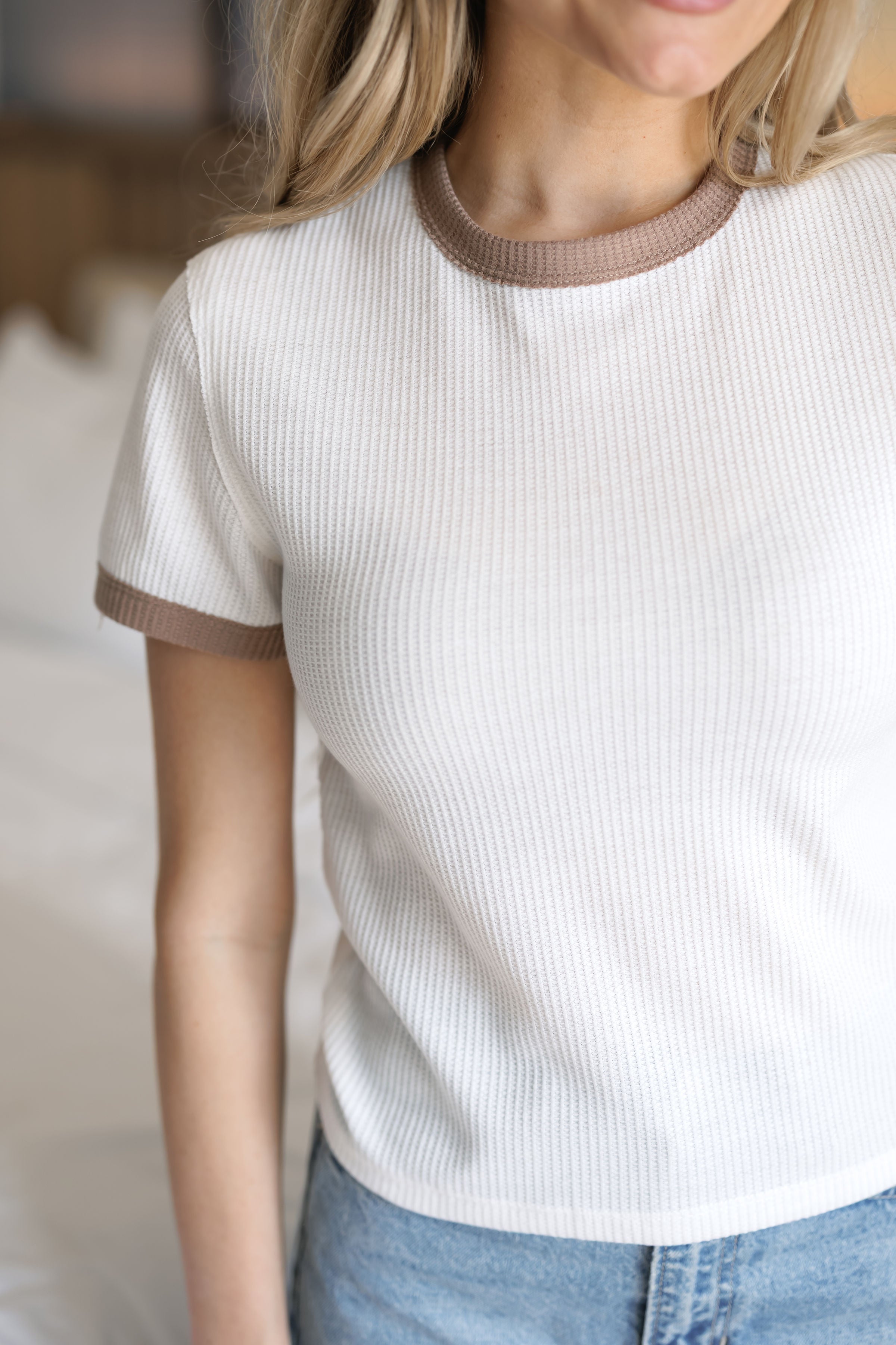 Feels Right Waffle Top - White/Mocha