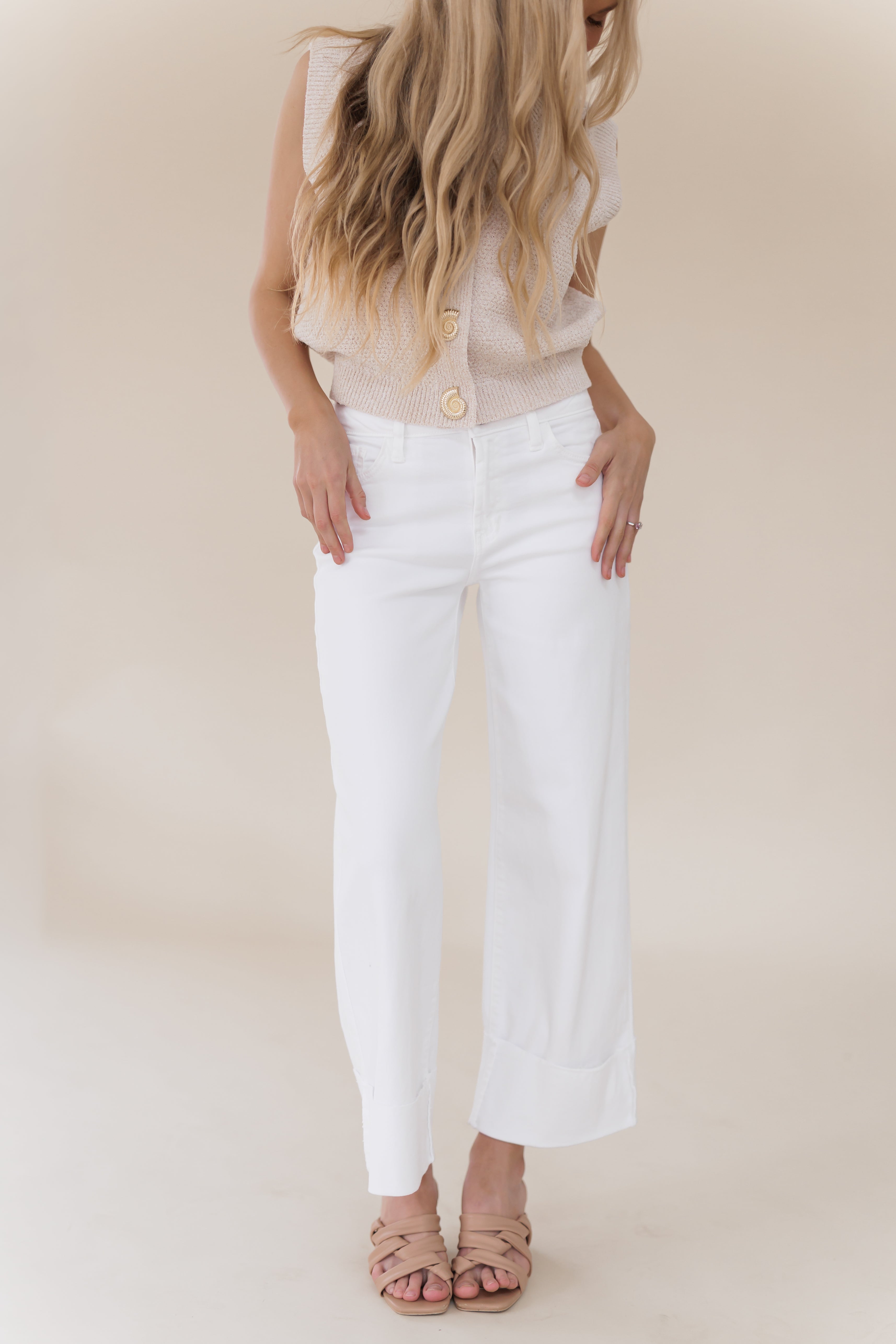Sawyer Scissor Cut Cuffed Wide Jeans-Optic White