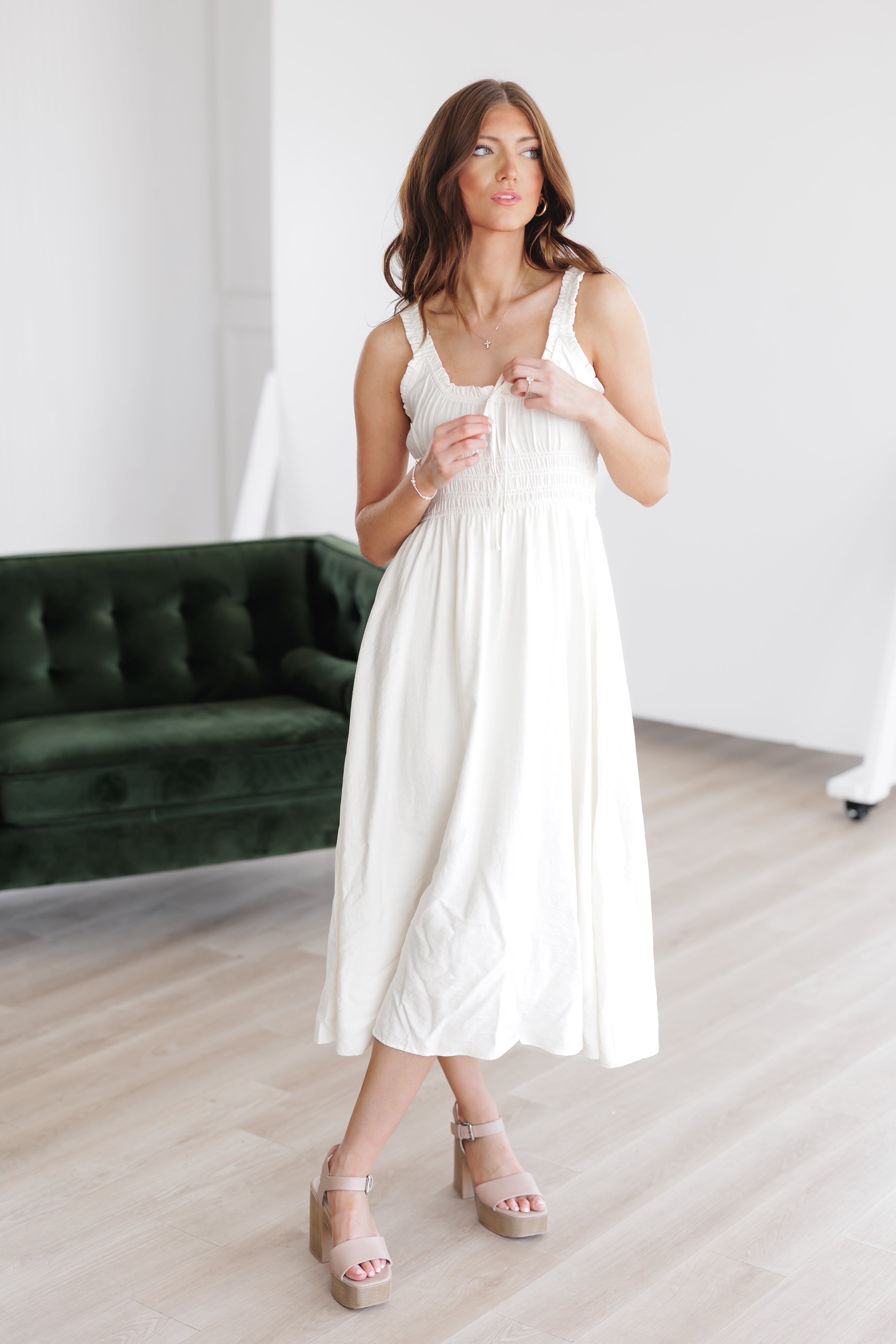 ivory dress for sale Final Sale Plus Size Faux Wrap Gown with Ruffled Slit in Ivory Chic And Curvy