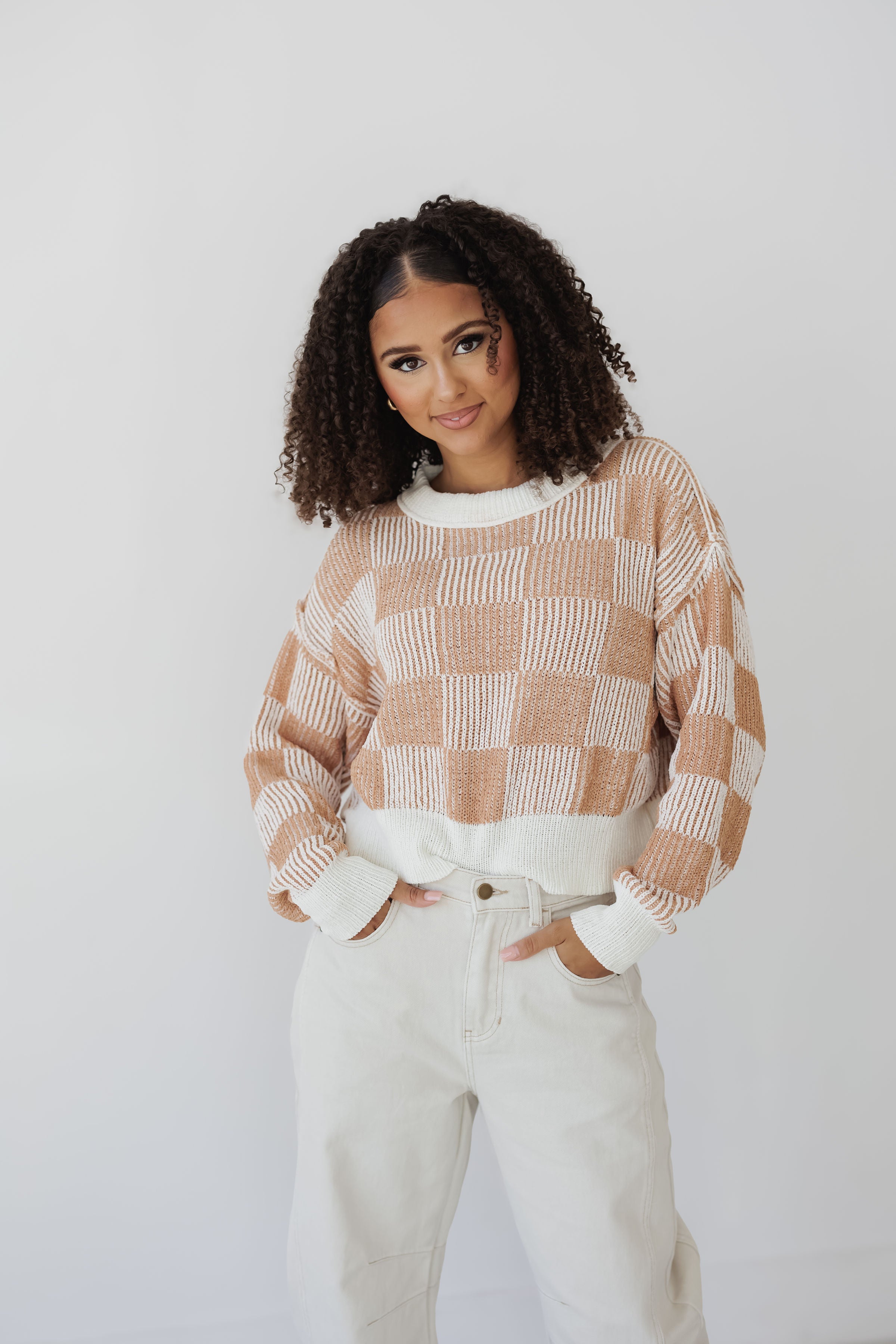 Calista Checkerboard Sweater - Cream/Camel