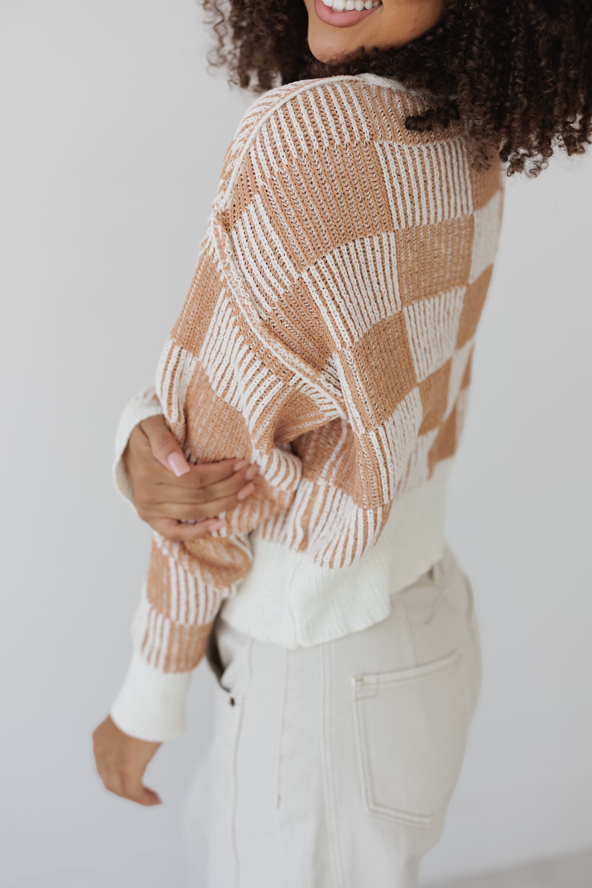 Calista Checkerboard Sweater - Cream/Camel