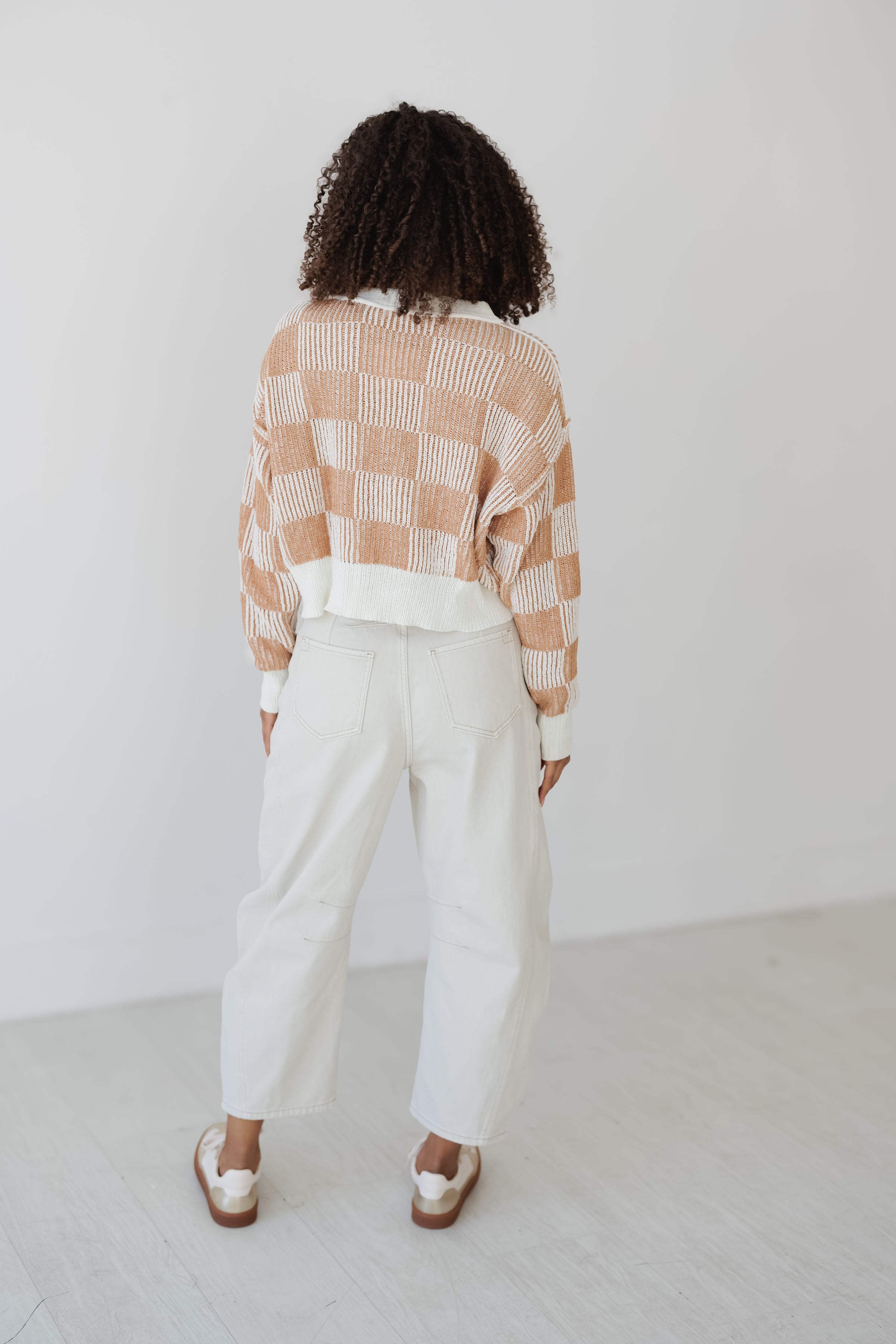 Calista Checkerboard Sweater - Cream/Camel