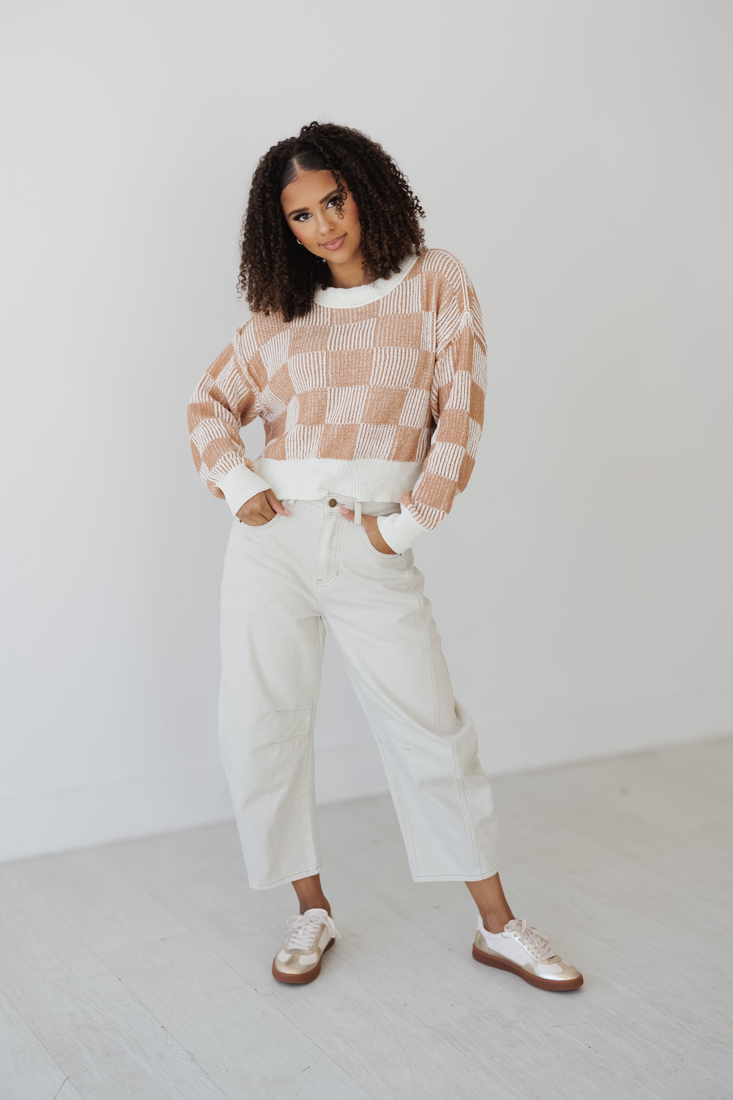 Calista Checkerboard Sweater - Cream/Camel