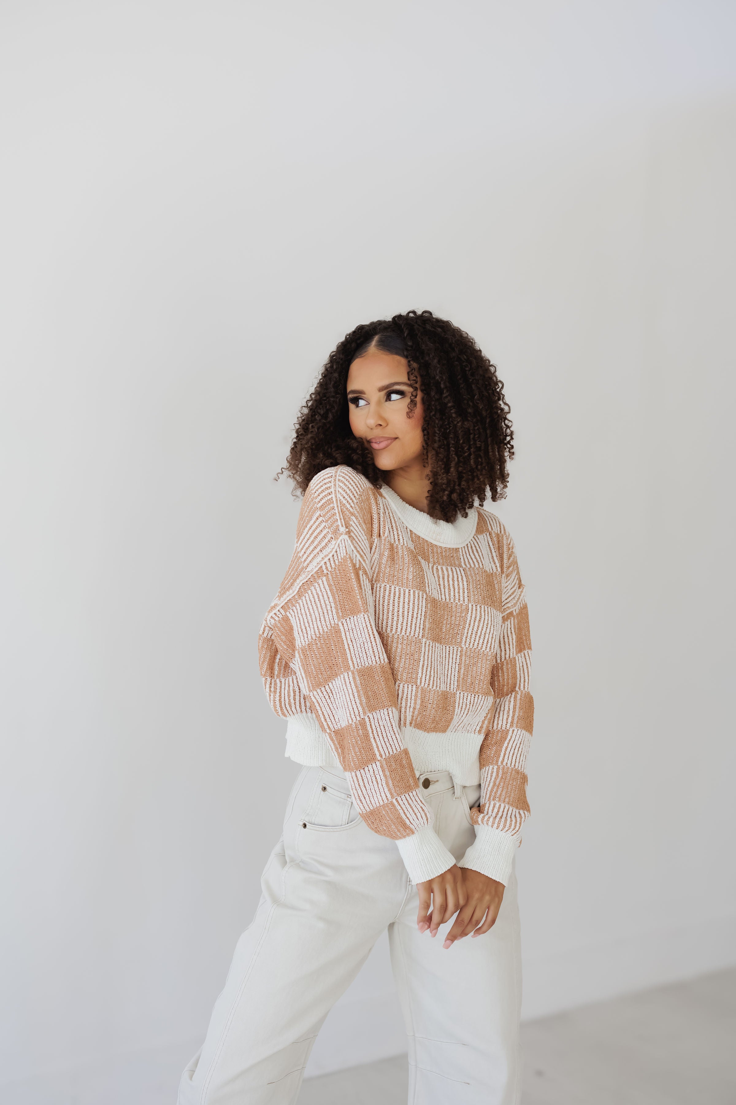 Calista Checkerboard Sweater - Cream/Camel