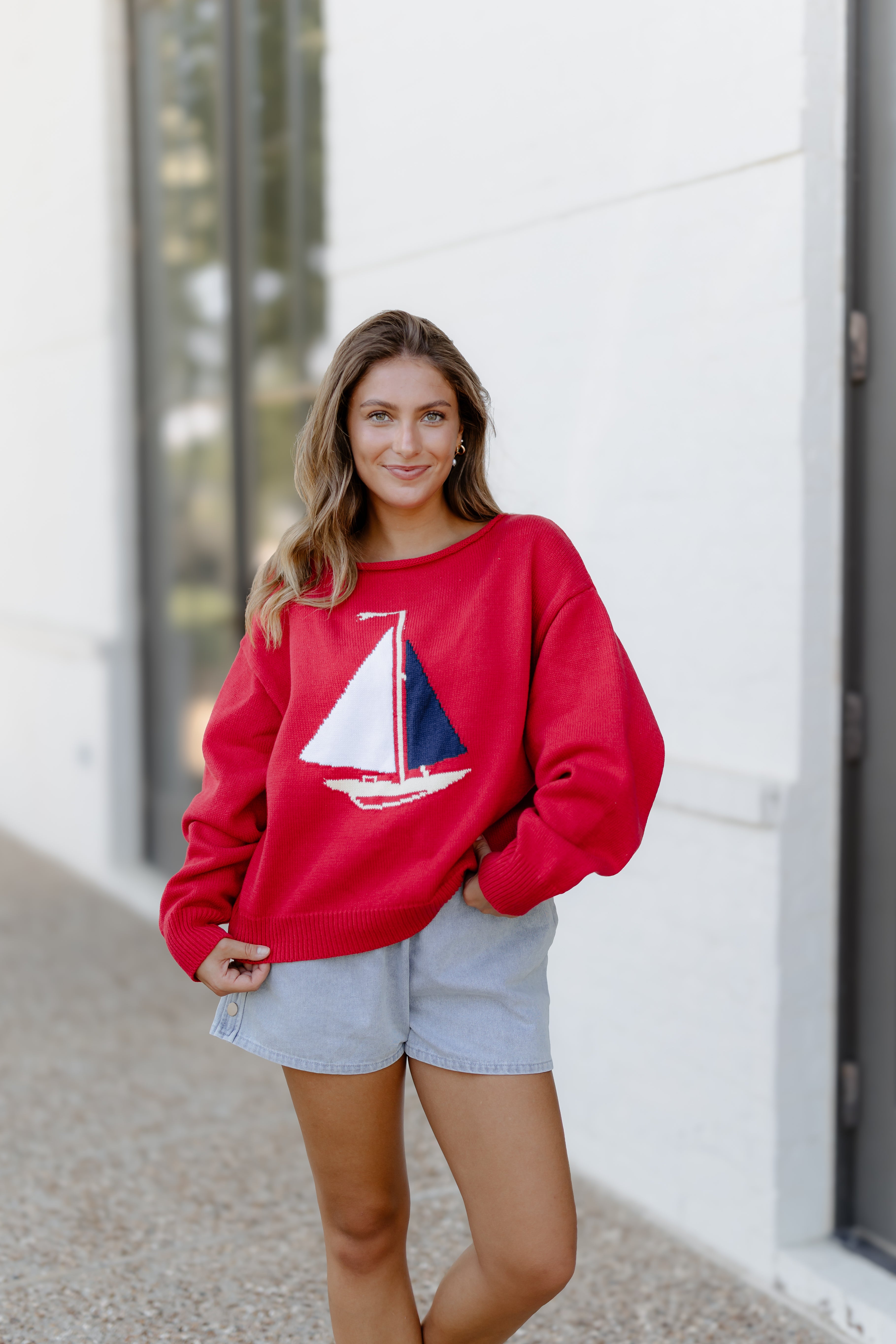 Sail Boat Sweater Top - Red