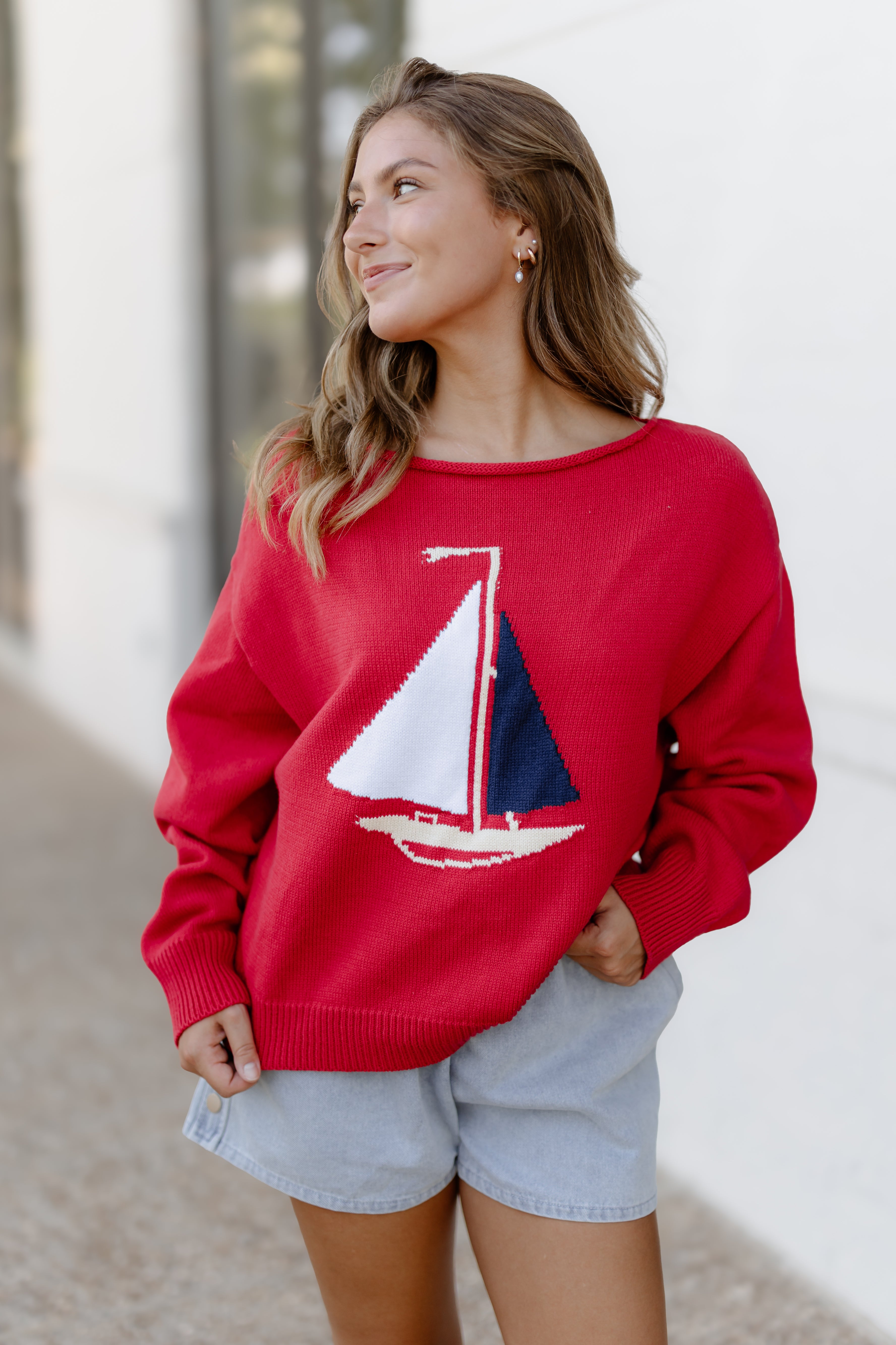Sail Boat Sweater Top - Red