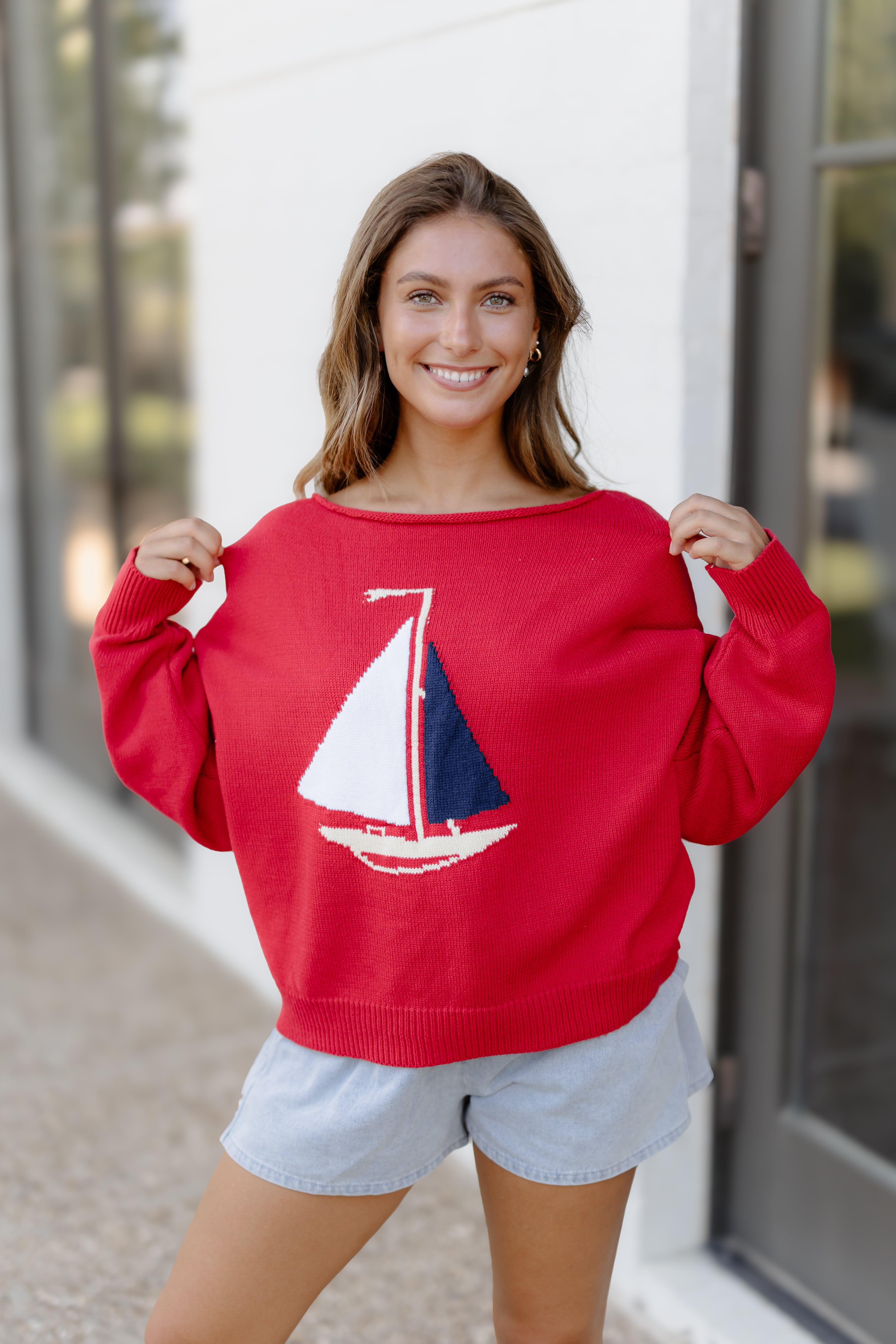 Sail Boat Sweater Top - Red