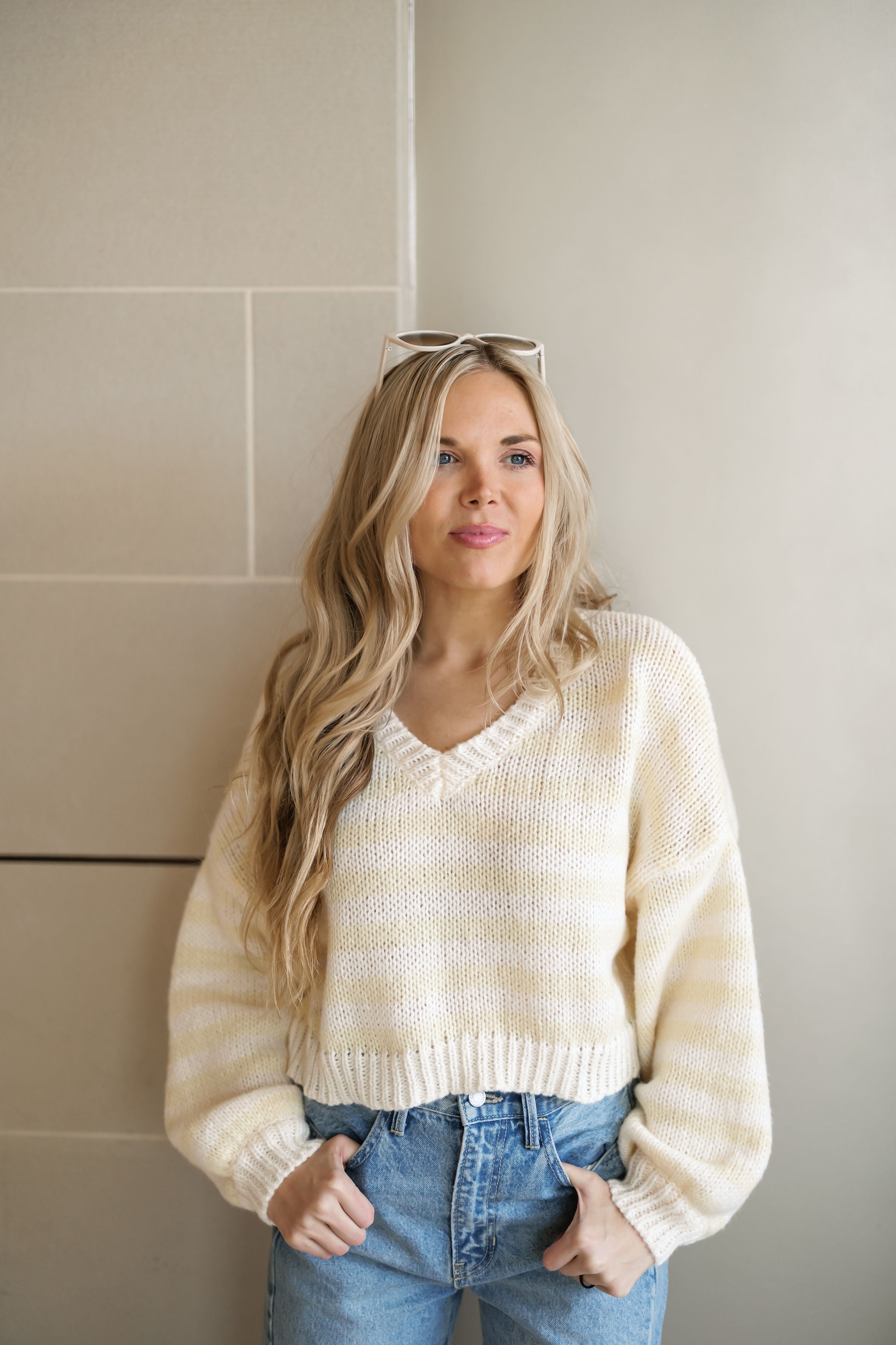 Cozy Moments Sweater - White/Butter Stripe