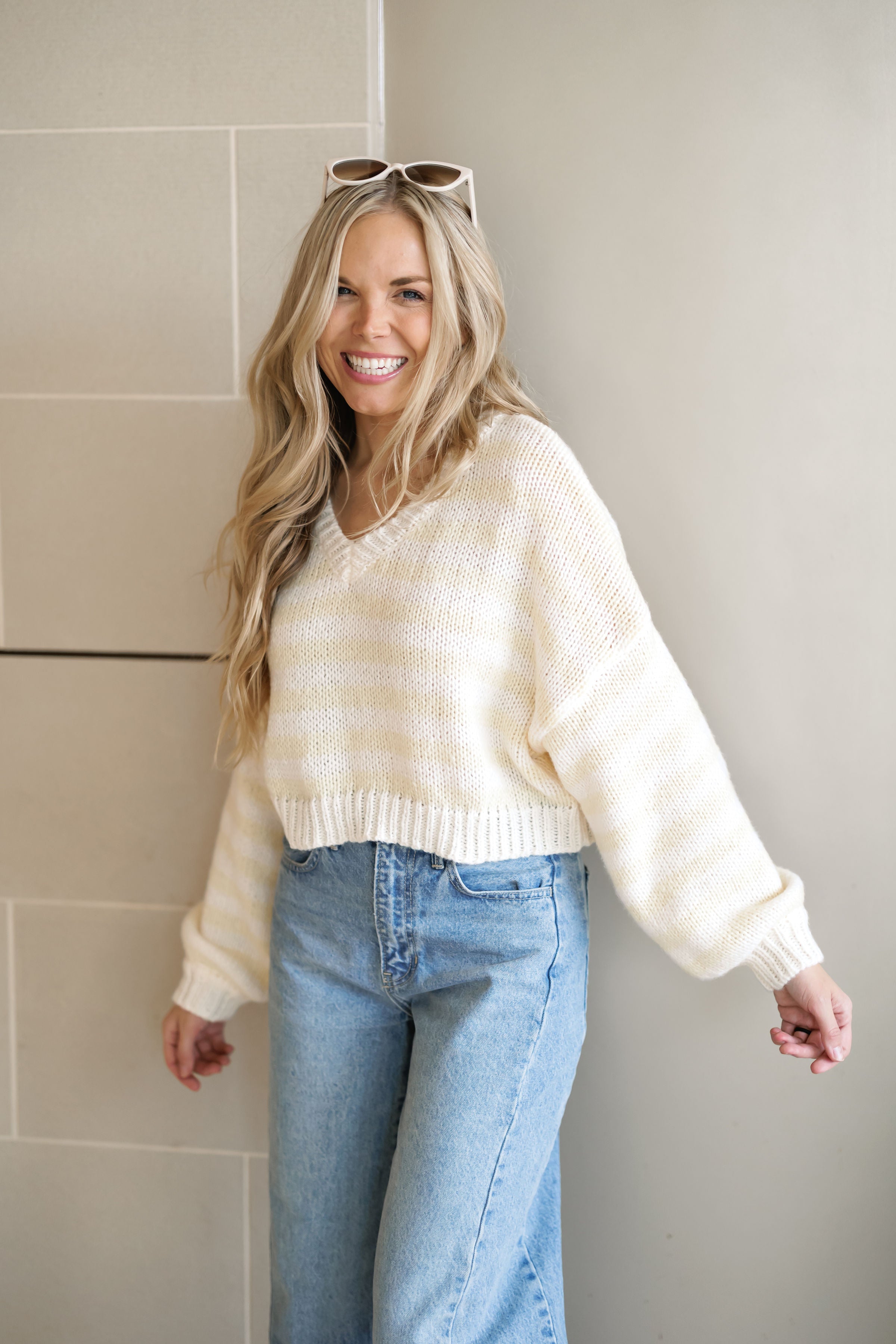 Cozy Moments Sweater - White/Butter Stripe