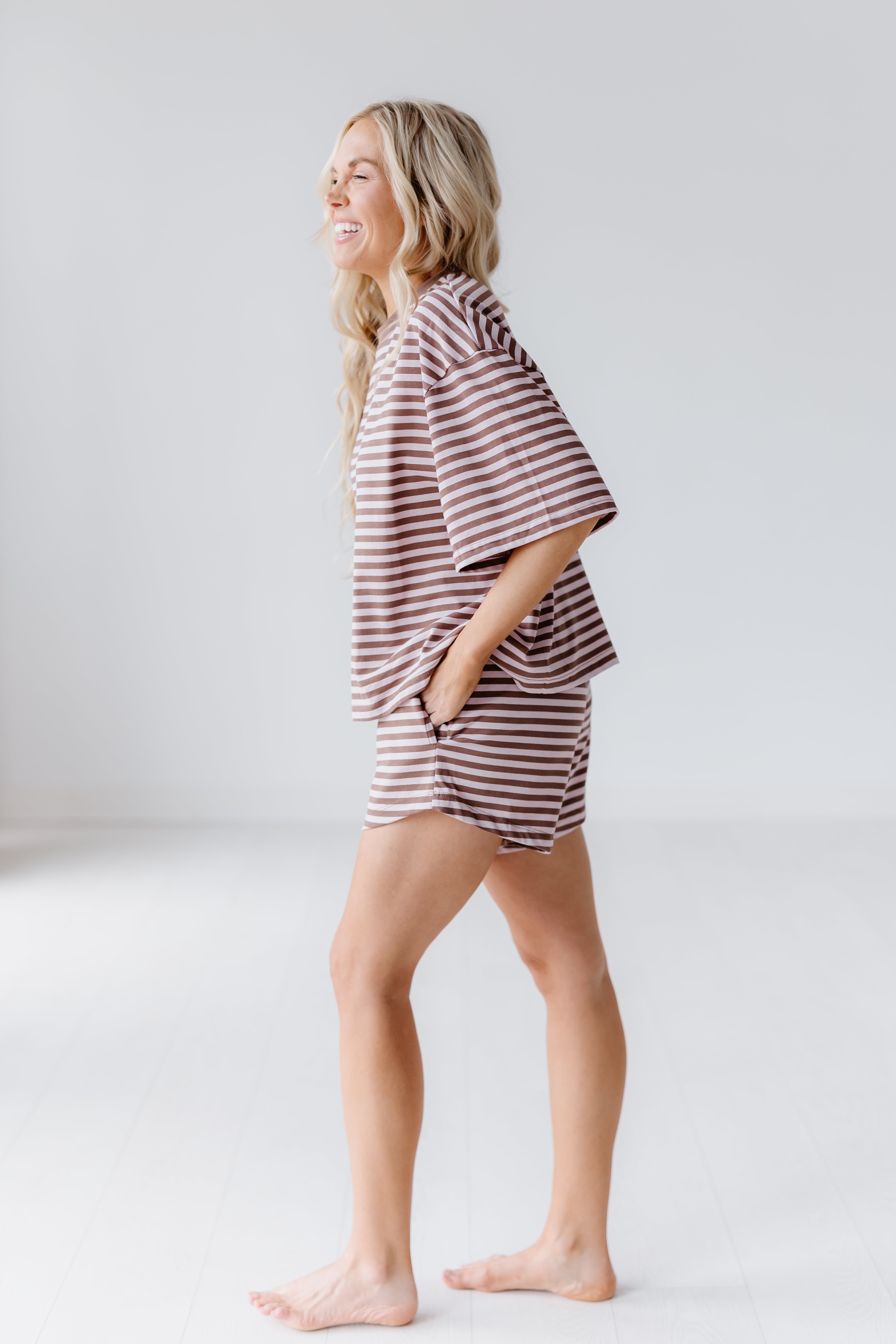 Sunday Soft Striped Shorts-Pink/Brown
