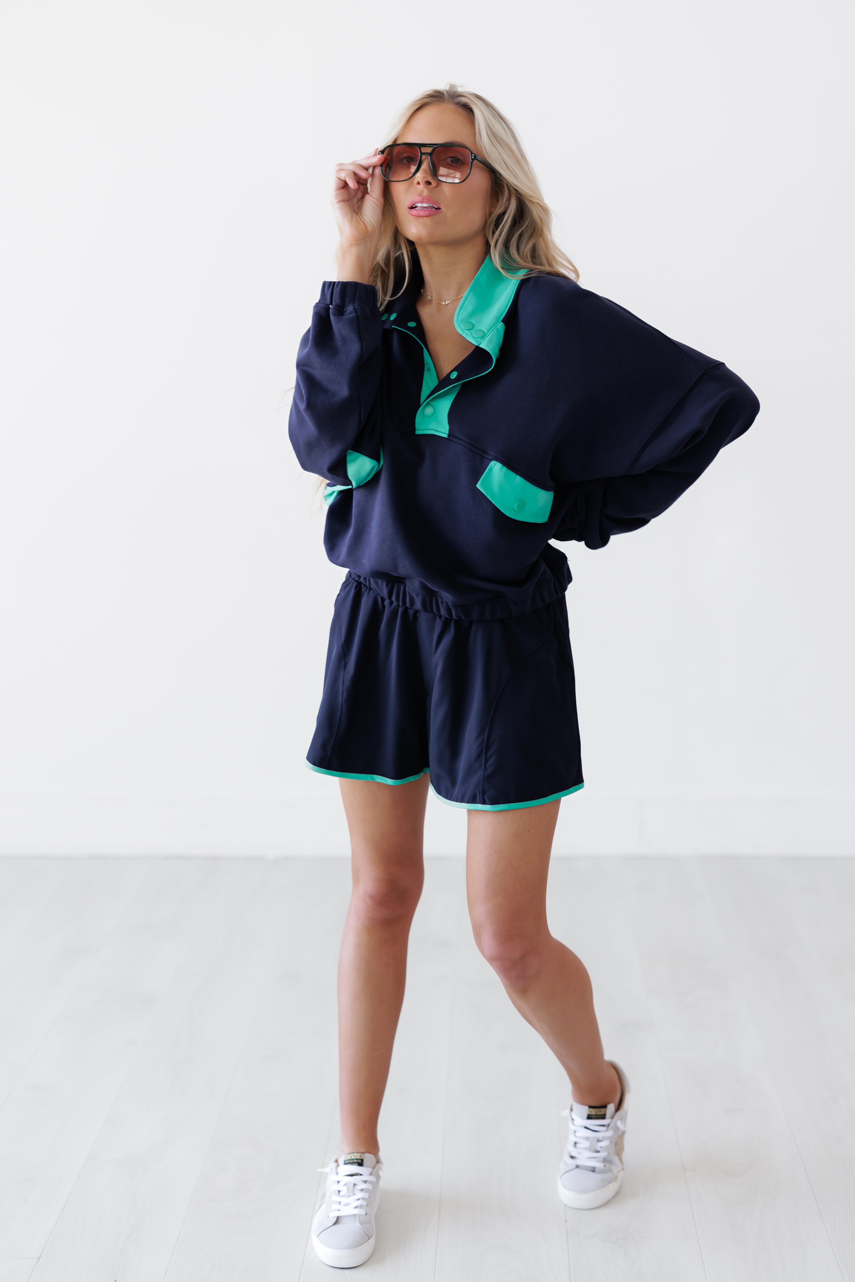 Never Settle Top & Shorts Set - Navy/Mint Green