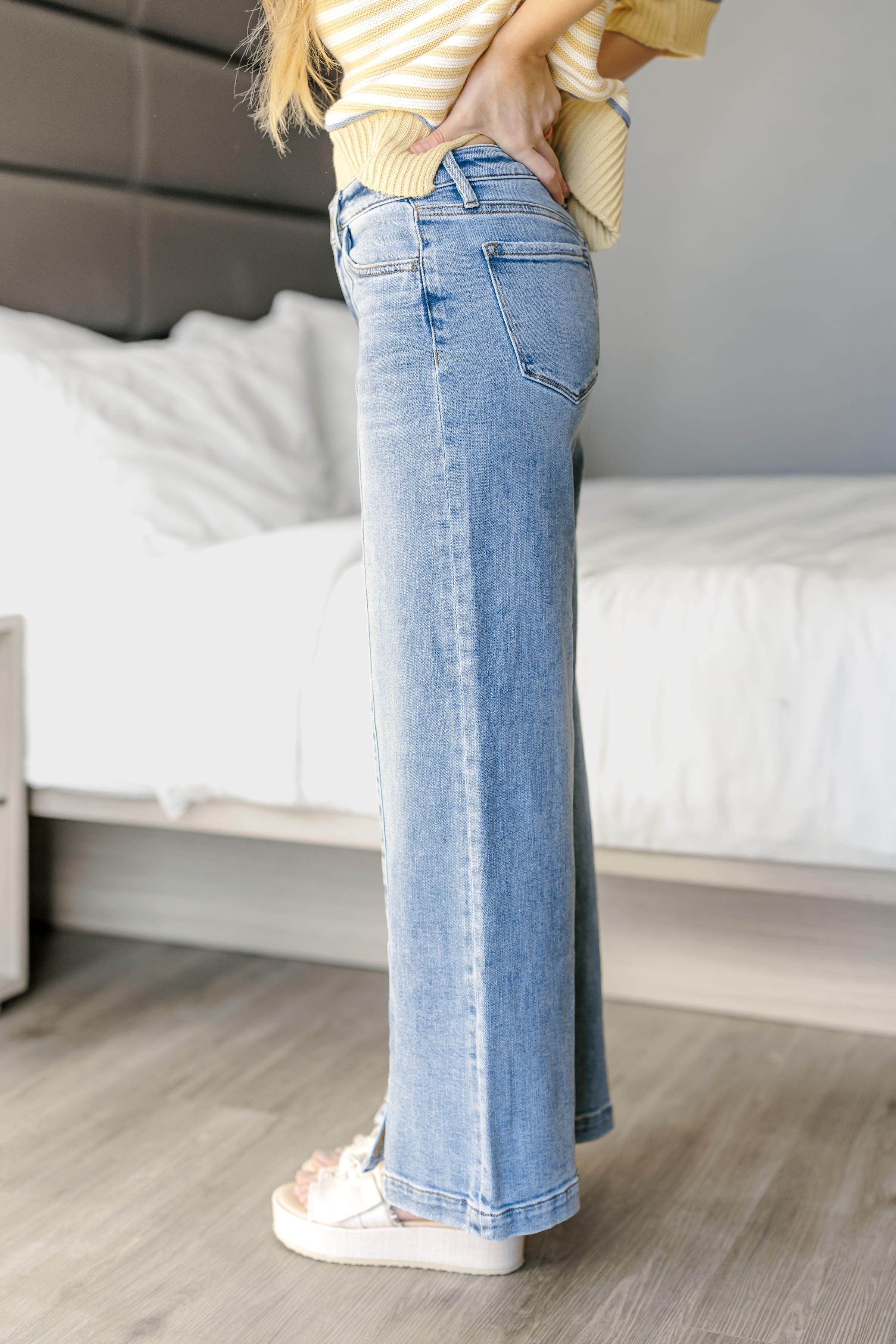 Blake Mid Rise Front Slit Wide Jeans