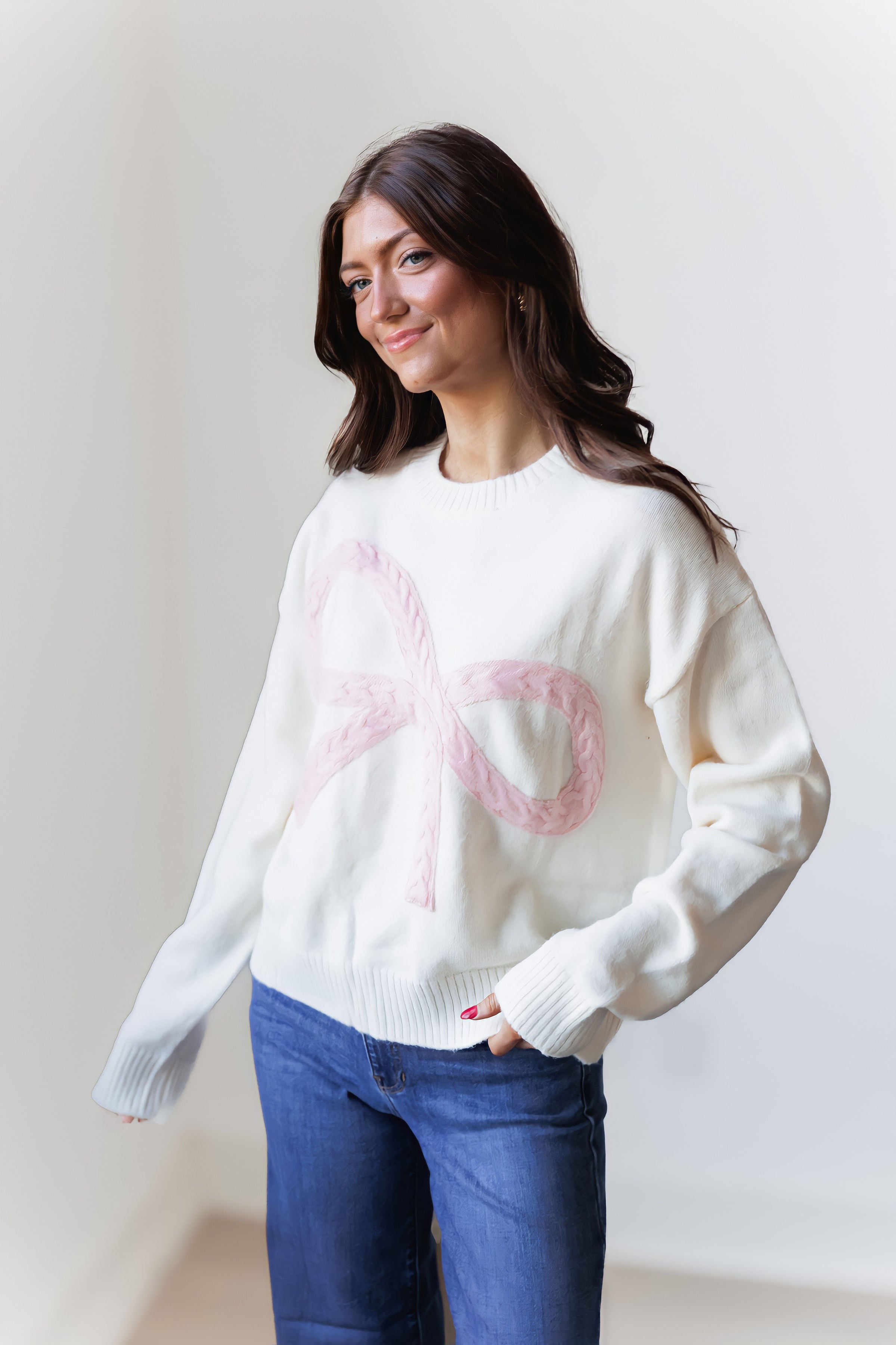 Lorri Cable Knit Bow Sweater - Cream/Pink