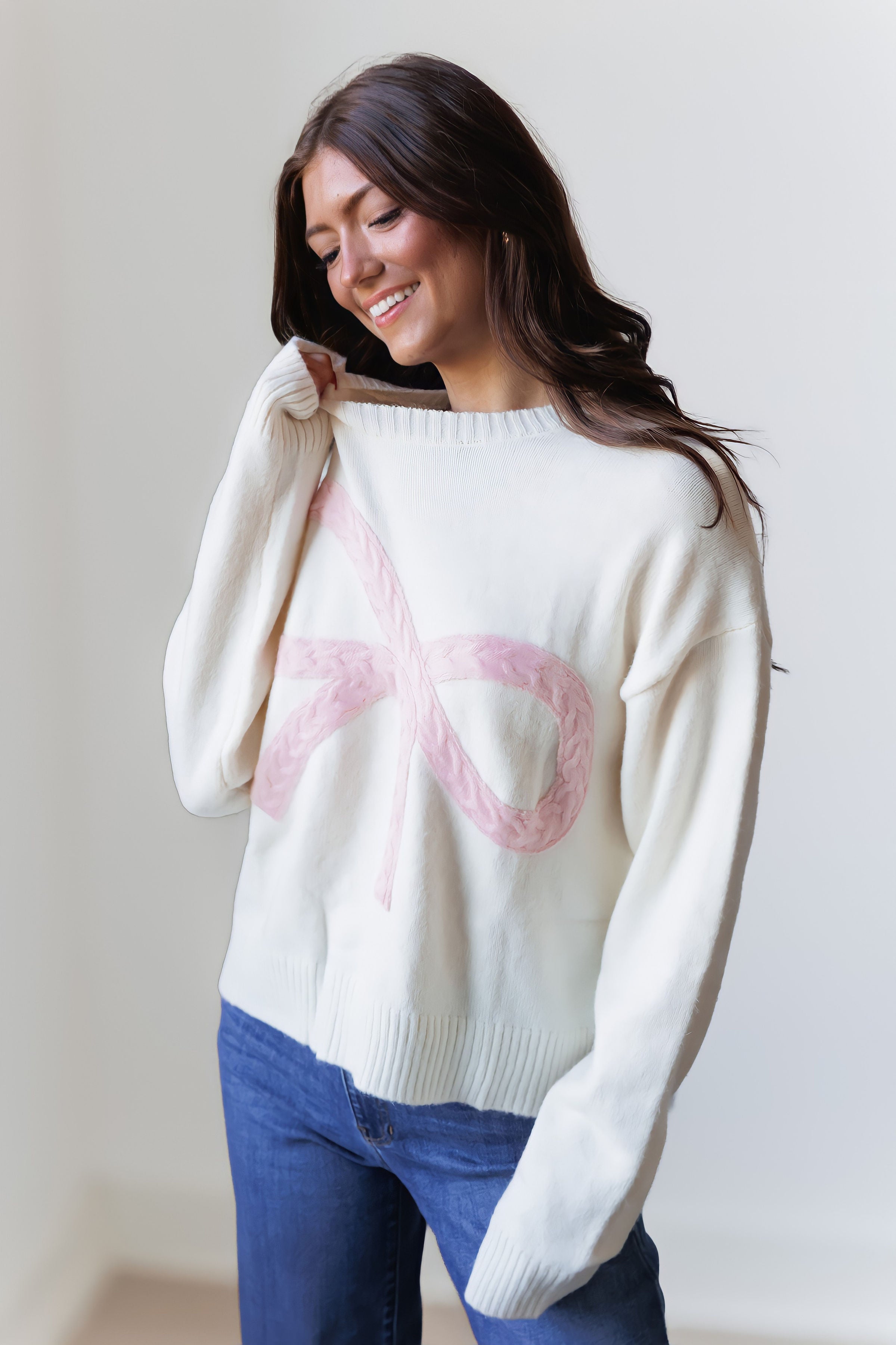 Lorri Cable Knit Bow Sweater - Cream/Pink