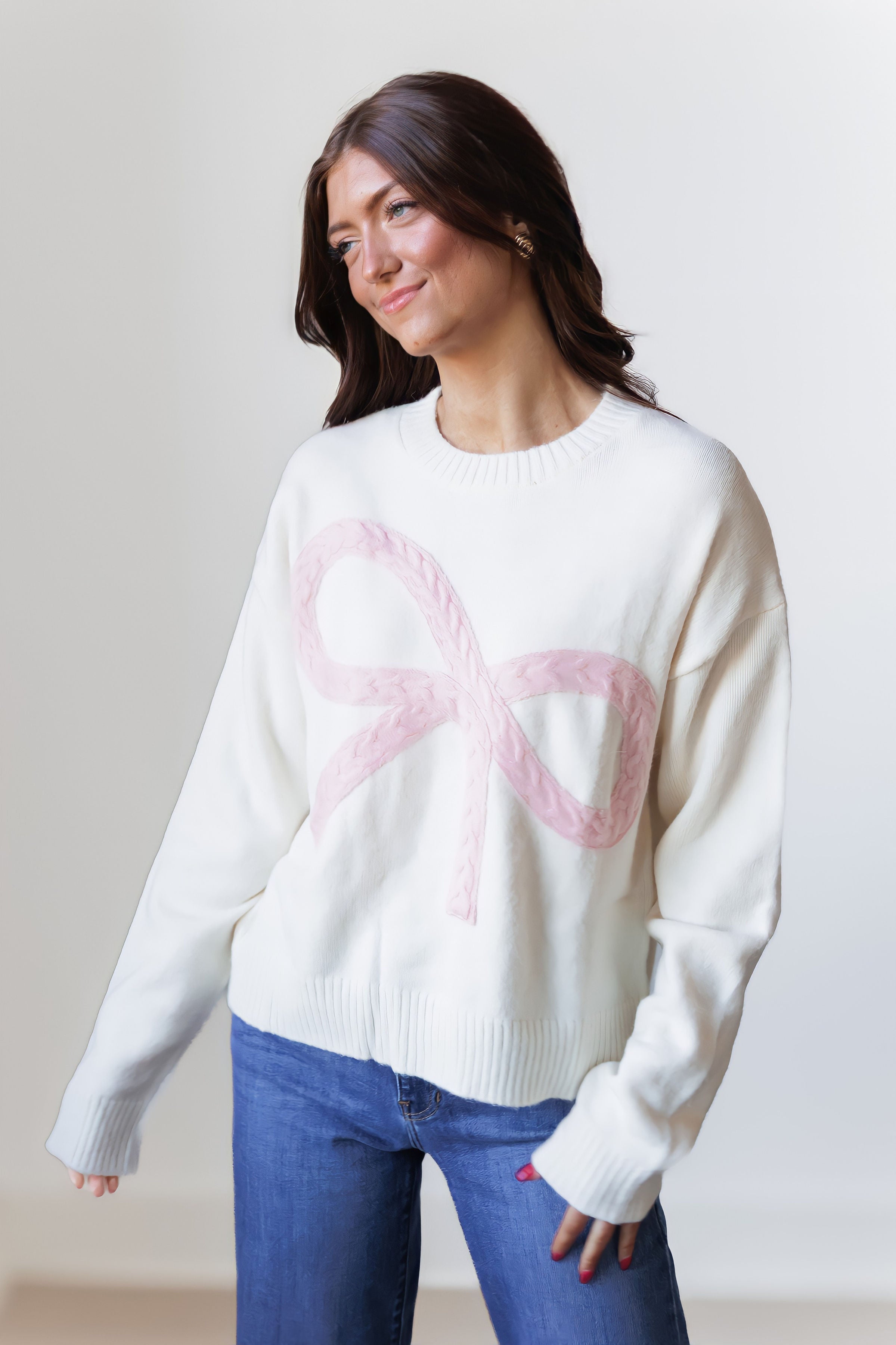 Lorri Cable Knit Bow Sweater - Cream/Pink
