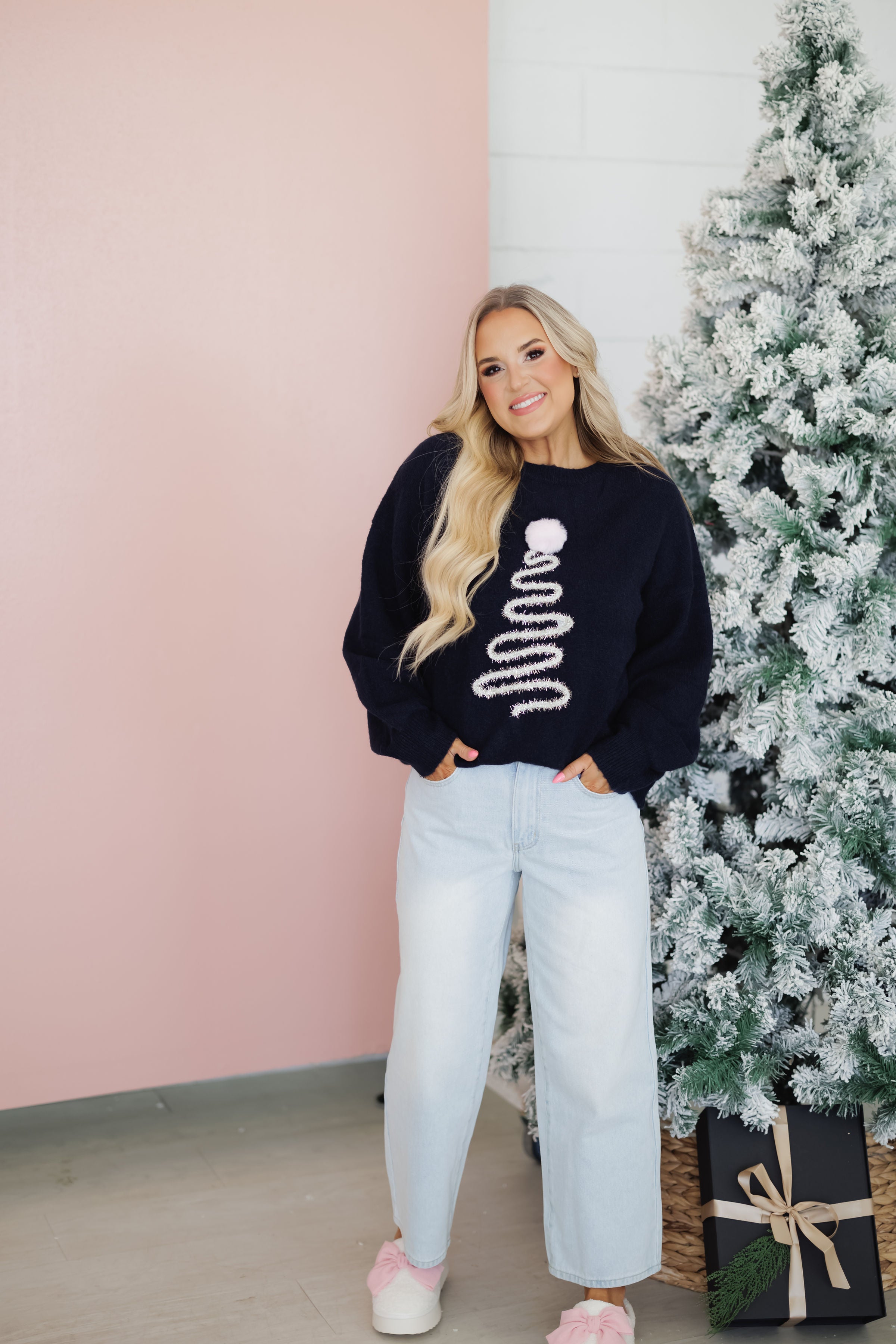 Sparkly Christmas Tree Sweater -  Navy