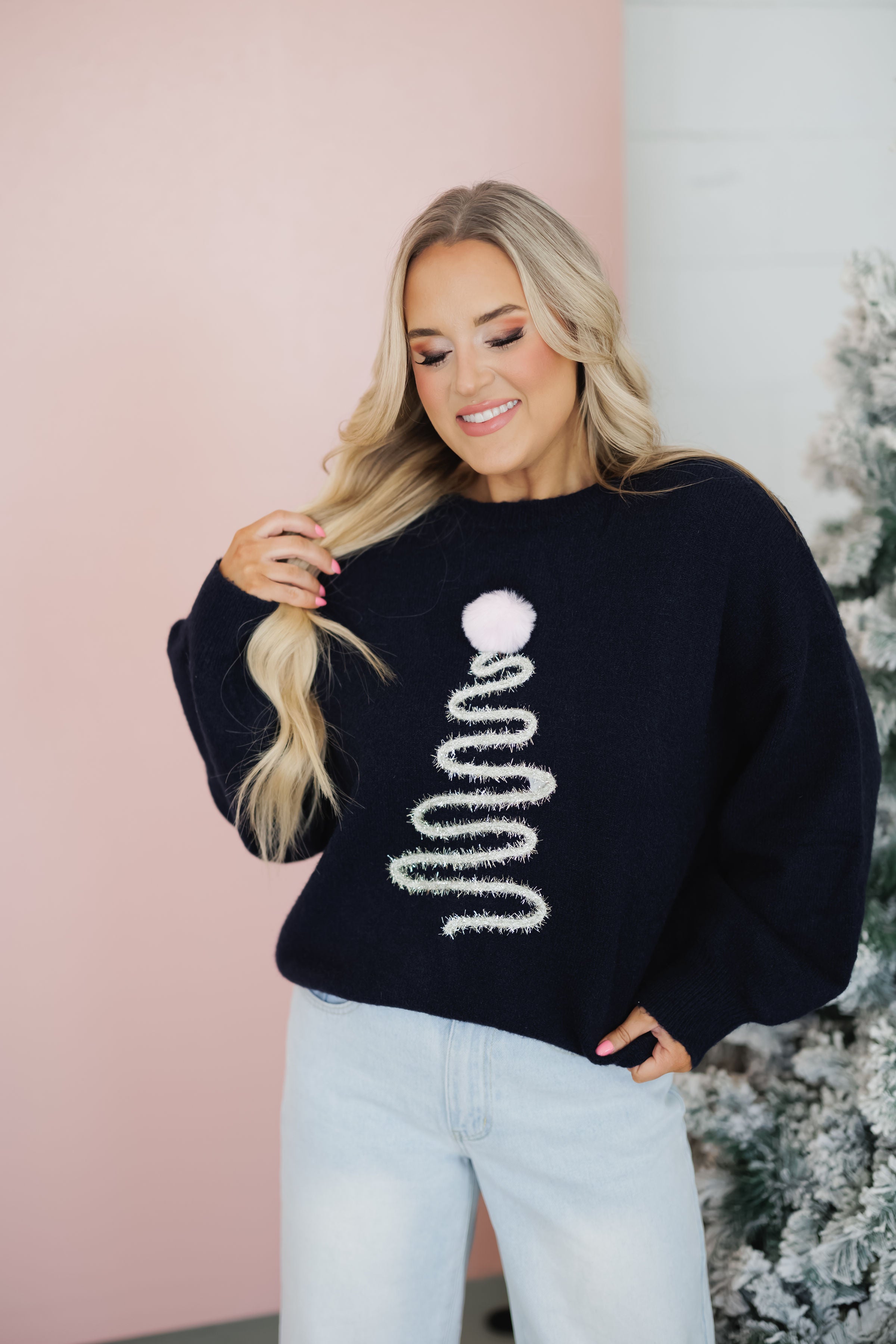 Sparkly Christmas Tree Sweater -  Navy