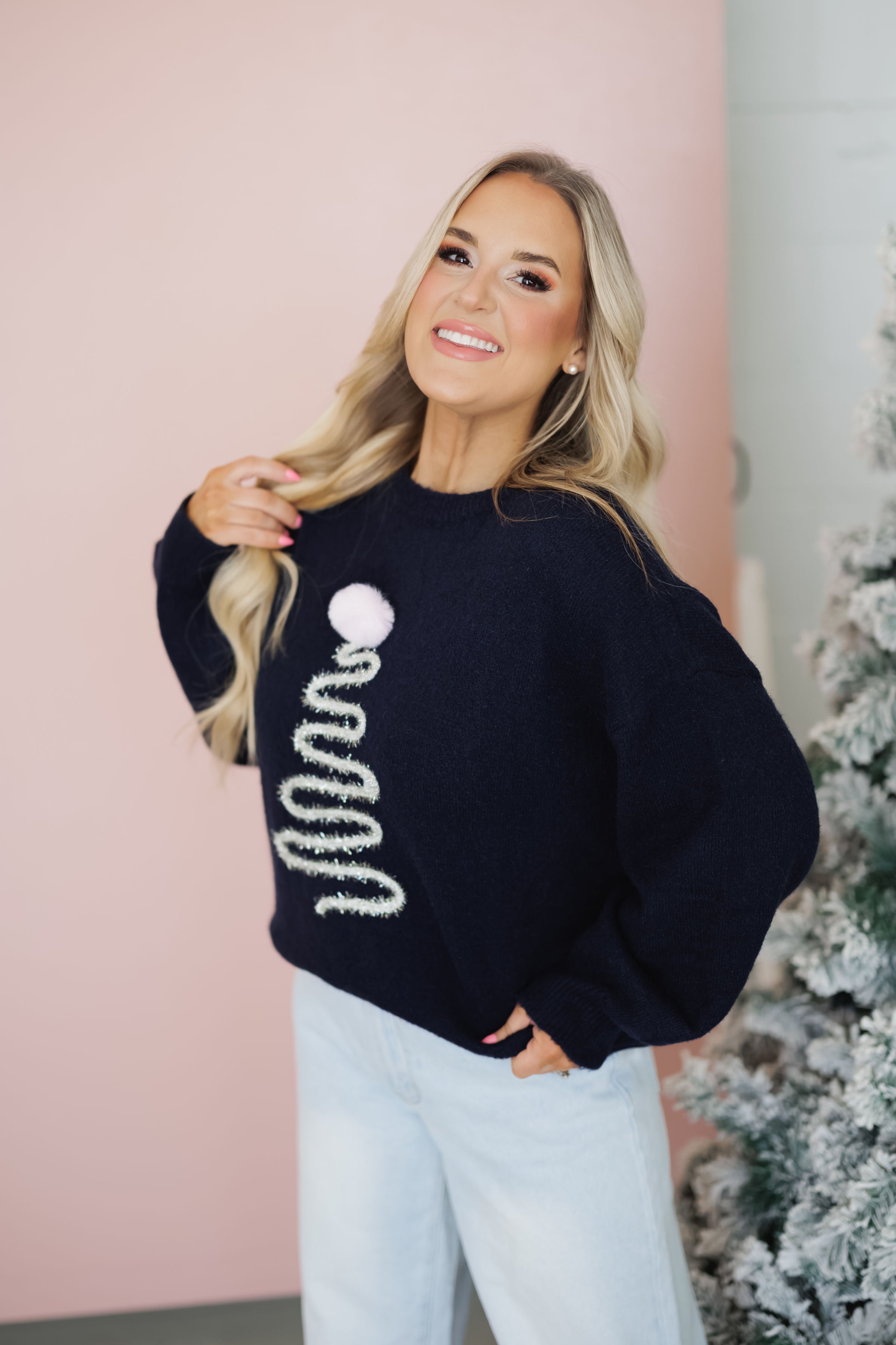 Sparkly Christmas Tree Sweater -  Navy