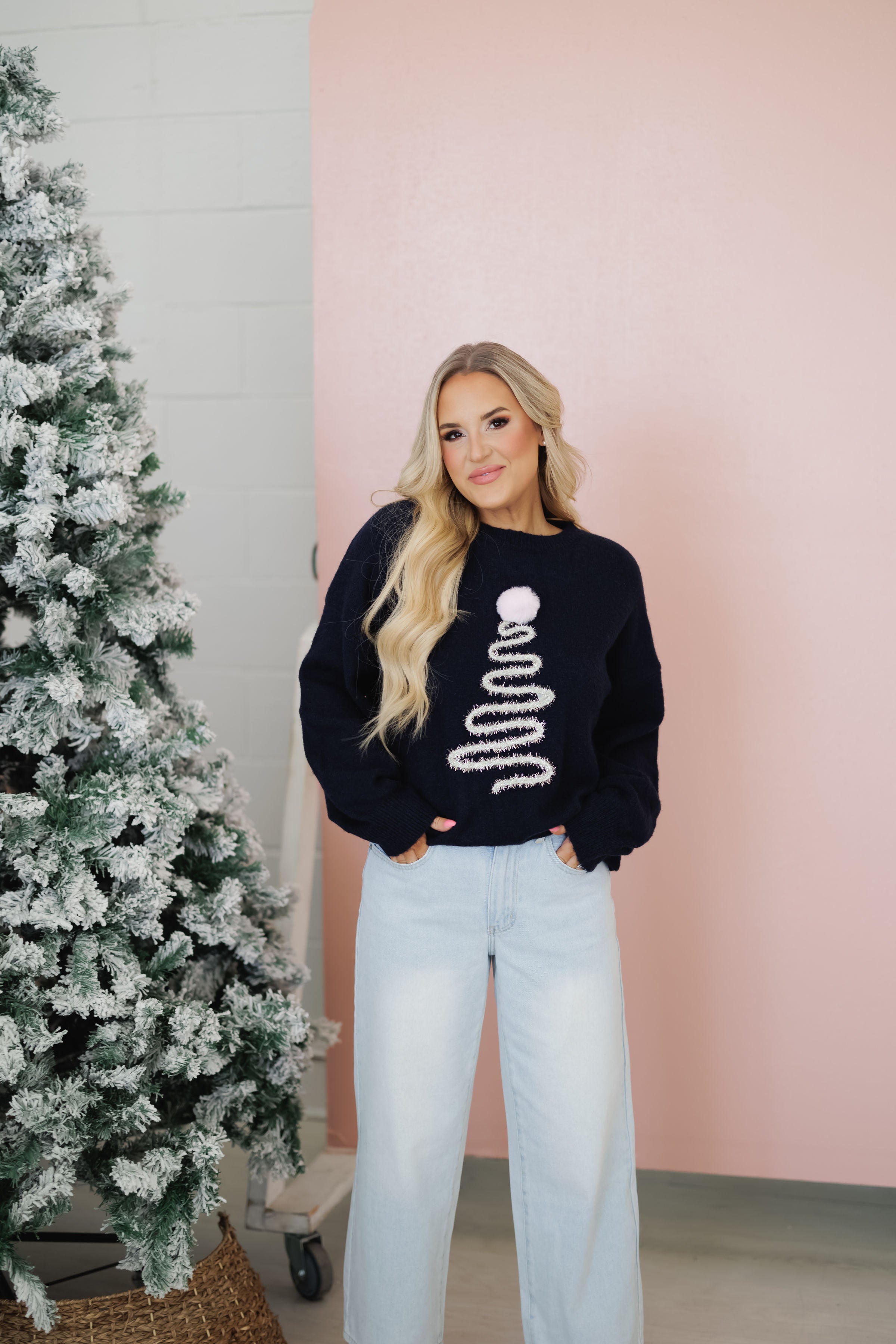 Sparkly Christmas Tree Sweater -  Navy