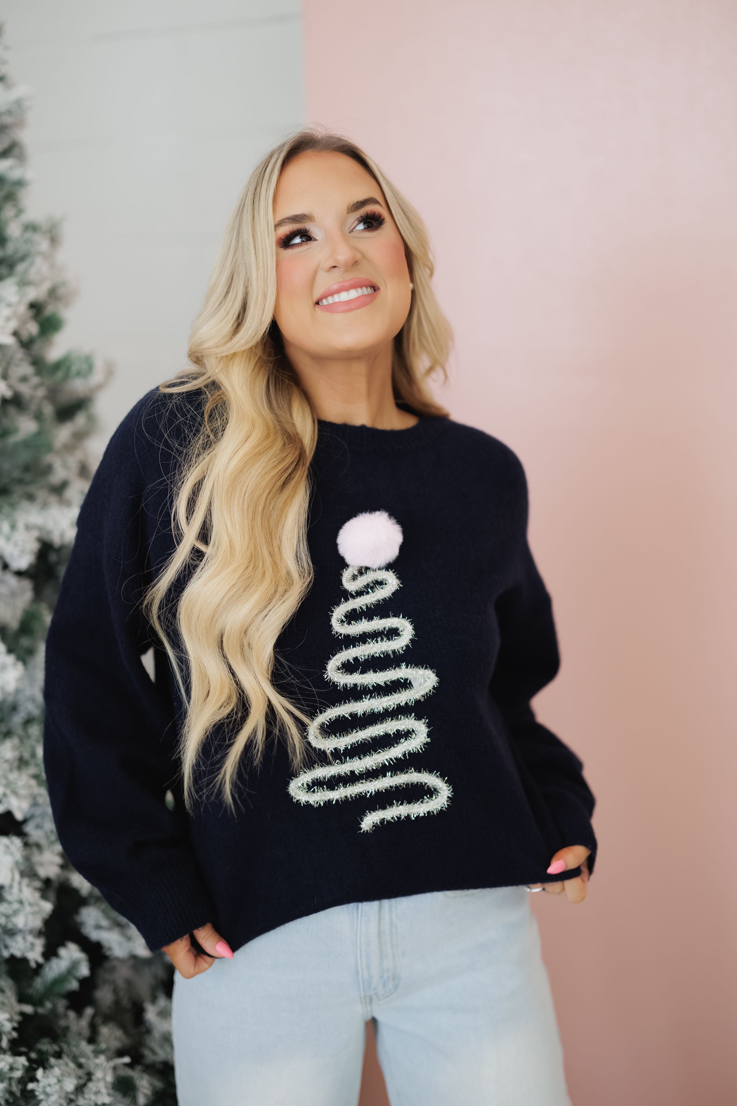 Sparkly Christmas Tree Sweater -  Navy