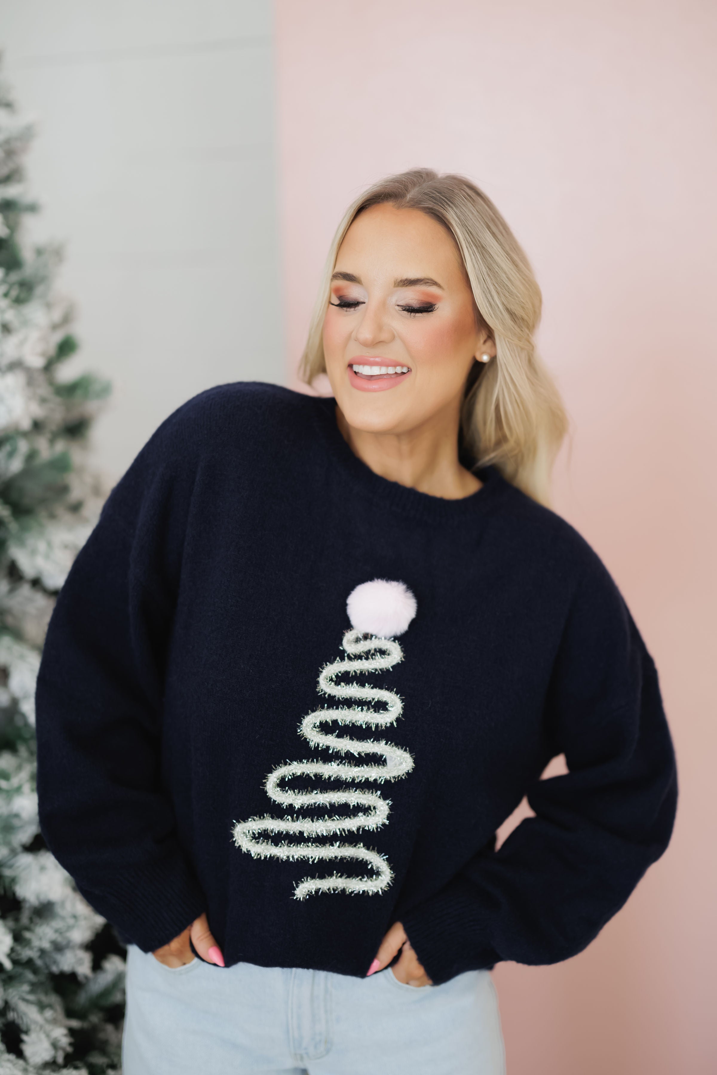 Sparkly Christmas Tree Sweater -  Navy