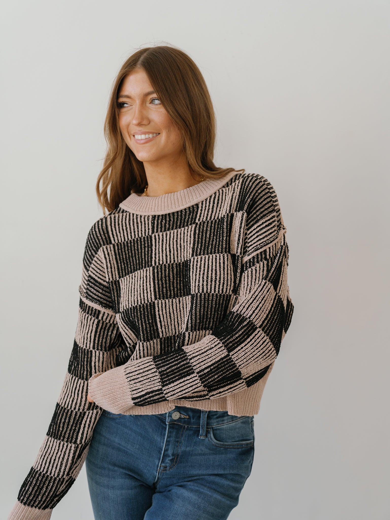 Calista Checkerboard Sweater - Beige/Black