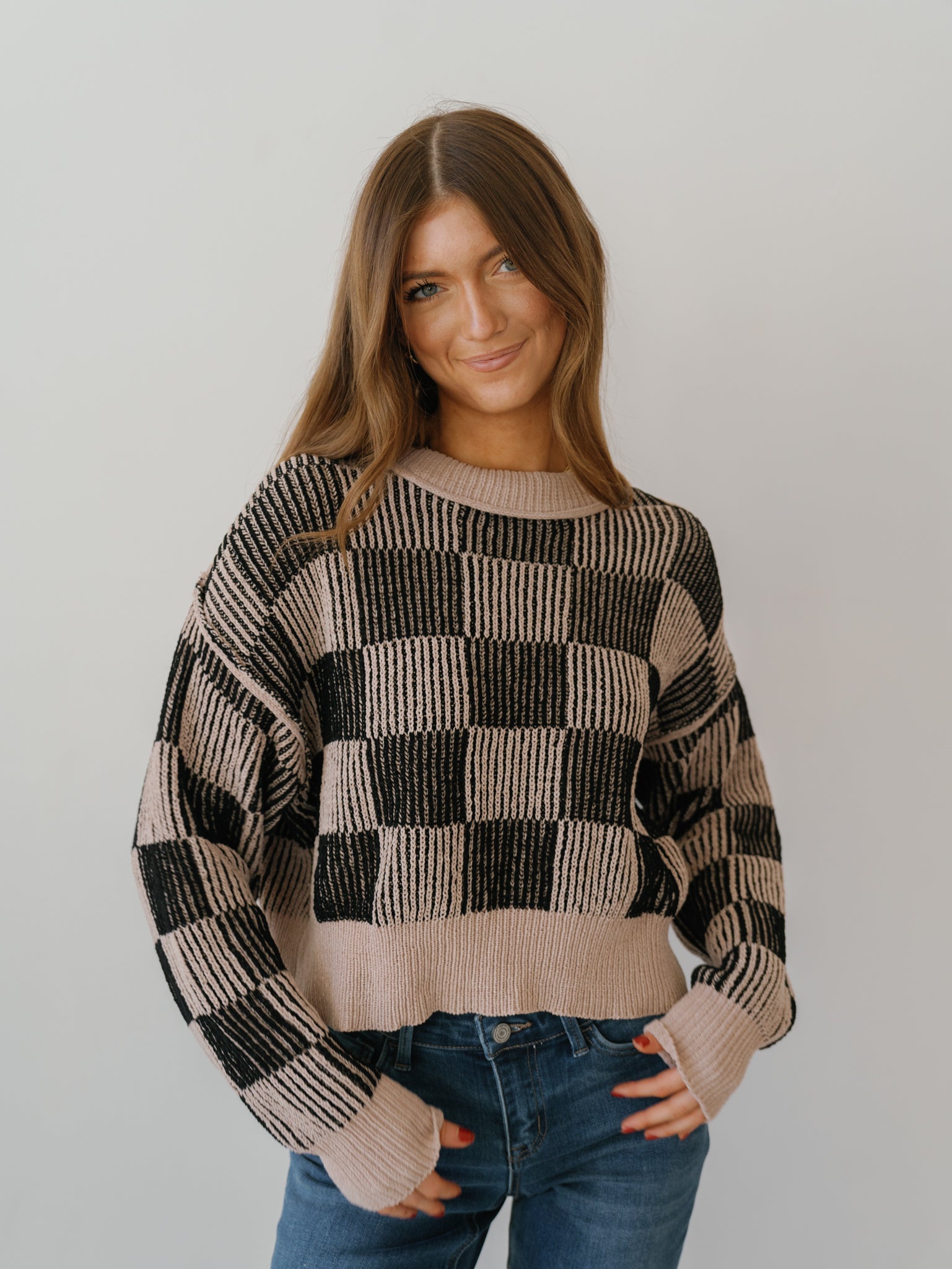 Calista Checkerboard Sweater - Beige/Black