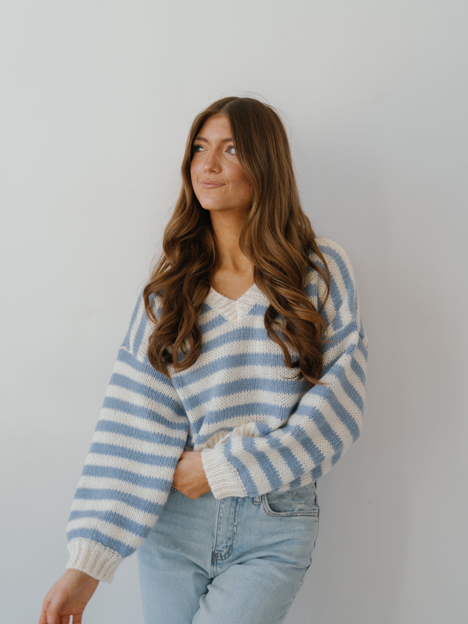 Cozy Moments Sweater - White/Lt. Blue Stripe