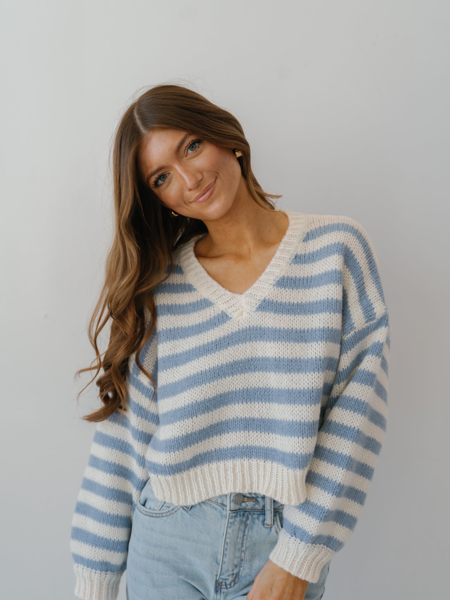 Cozy Moments Sweater - White/Lt. Blue Stripe