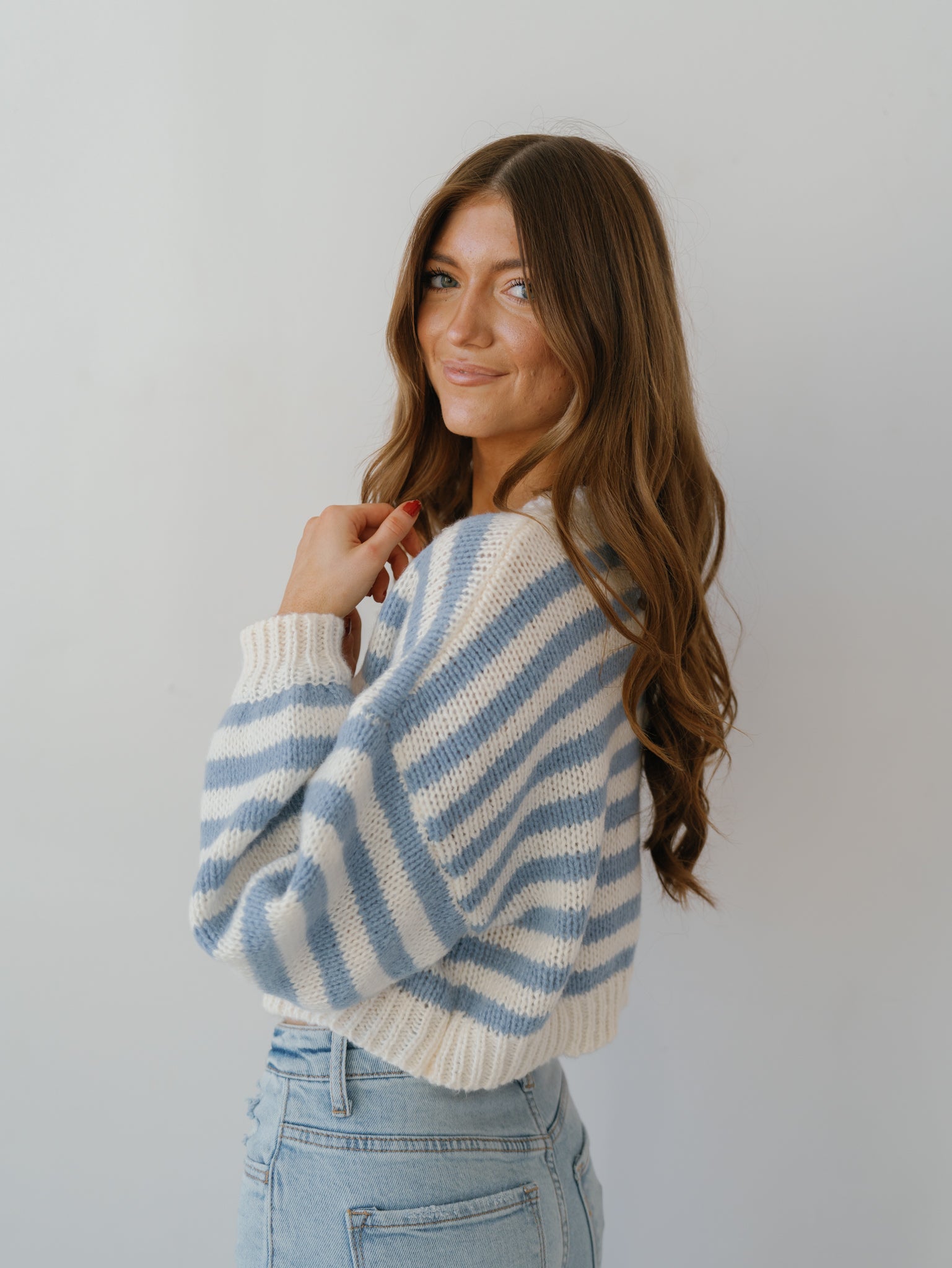 Cozy Moments Sweater - White/Lt. Blue Stripe