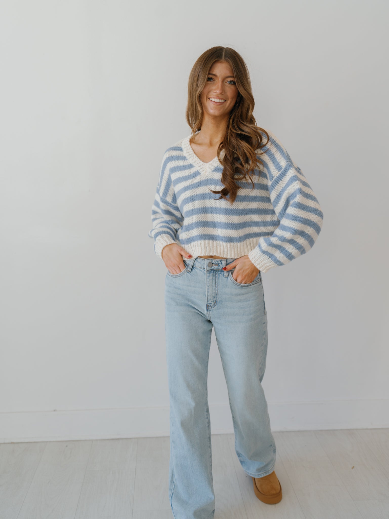 Cozy Moments Sweater - White/Lt. Blue Stripe