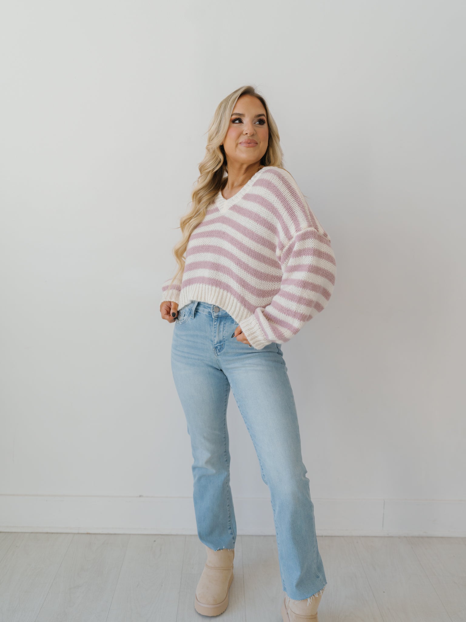 Cozy Moments Sweater - White/Pink Stripe