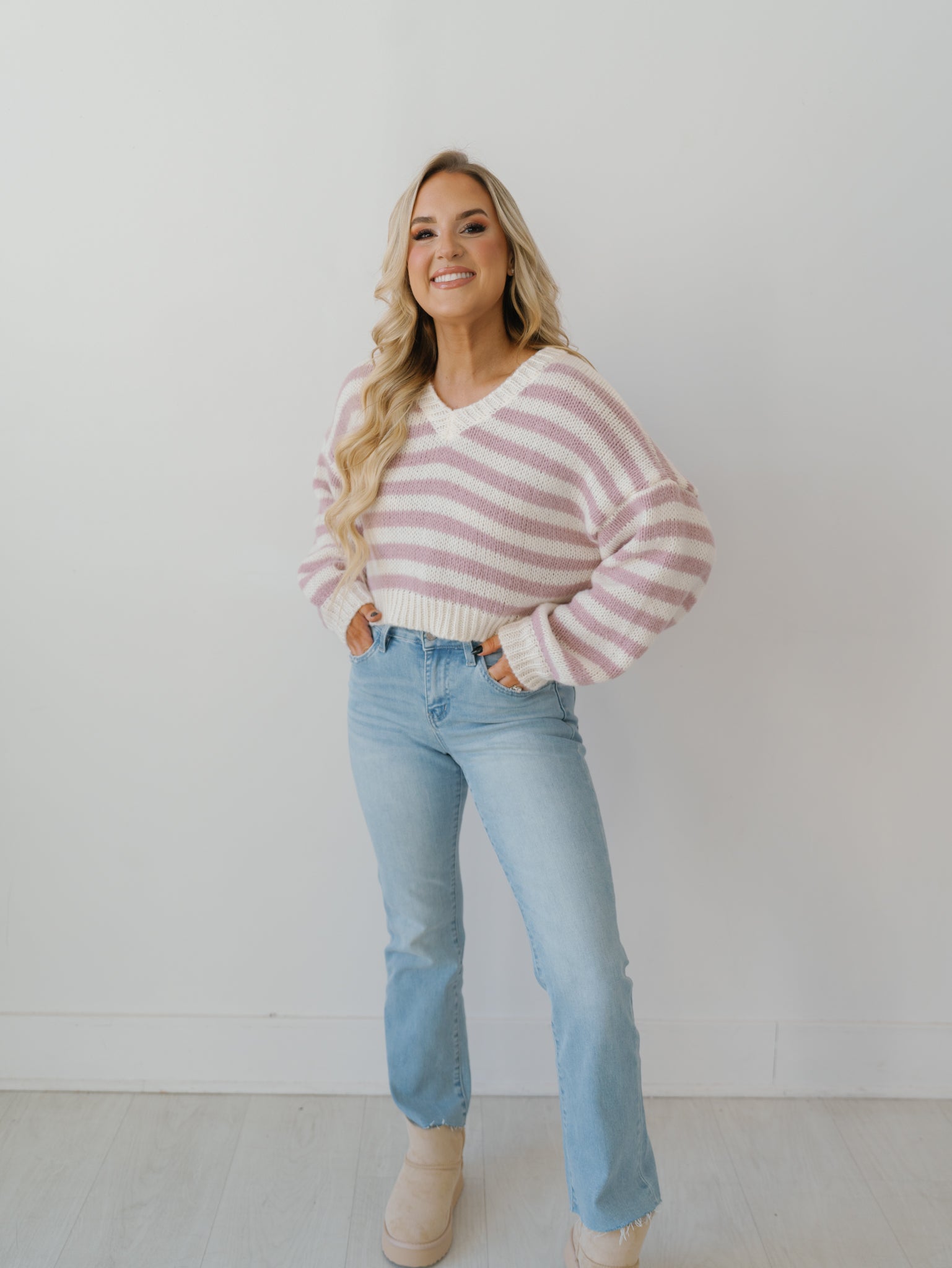 Cozy Moments Sweater - White/Pink Stripe